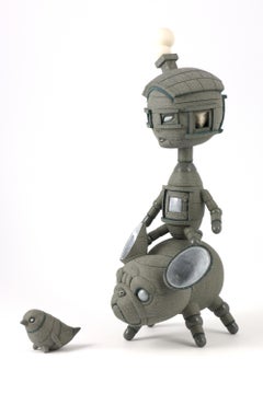 YOU FIRST - surreal gray ceramic sculpture of boy, dog and bird