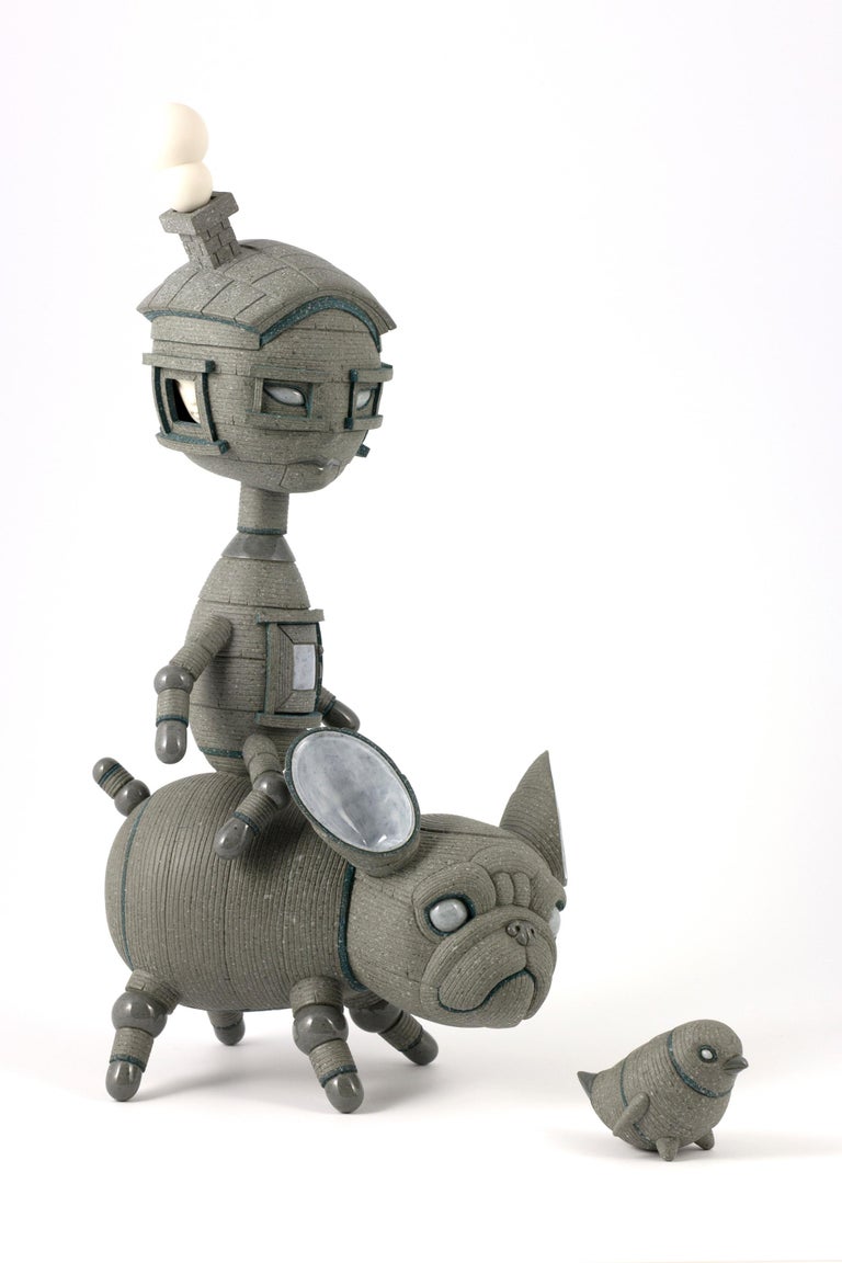 Calvin Ma Figurative Sculpture - YOU FIRST - surreal gray ceramic sculpture of boy, dog and bird