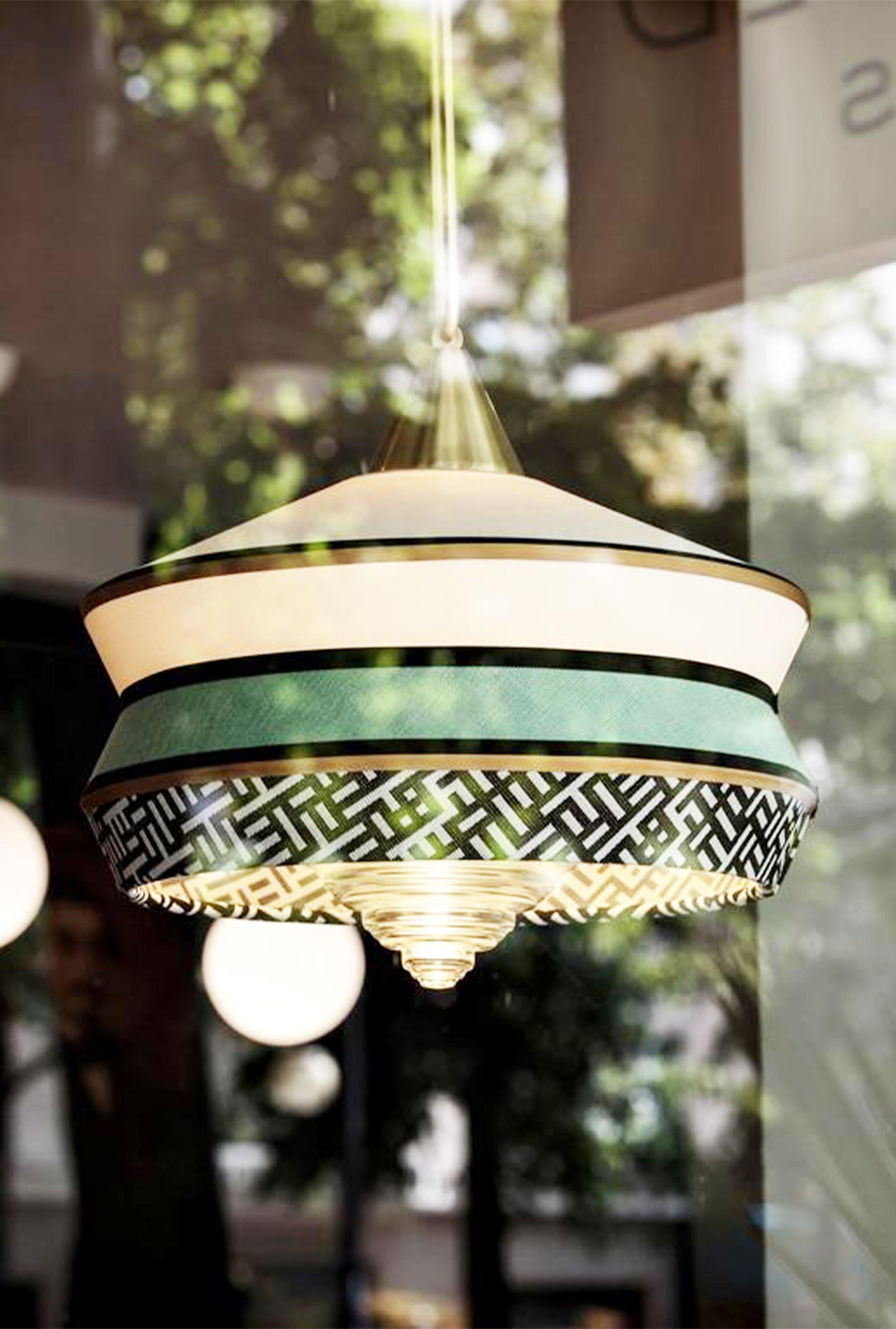 Calypso Antigua Suspension Lamp in Satin Brass Structure, Braided Green Silk In New Condition For Sale In Brooklyn, NY