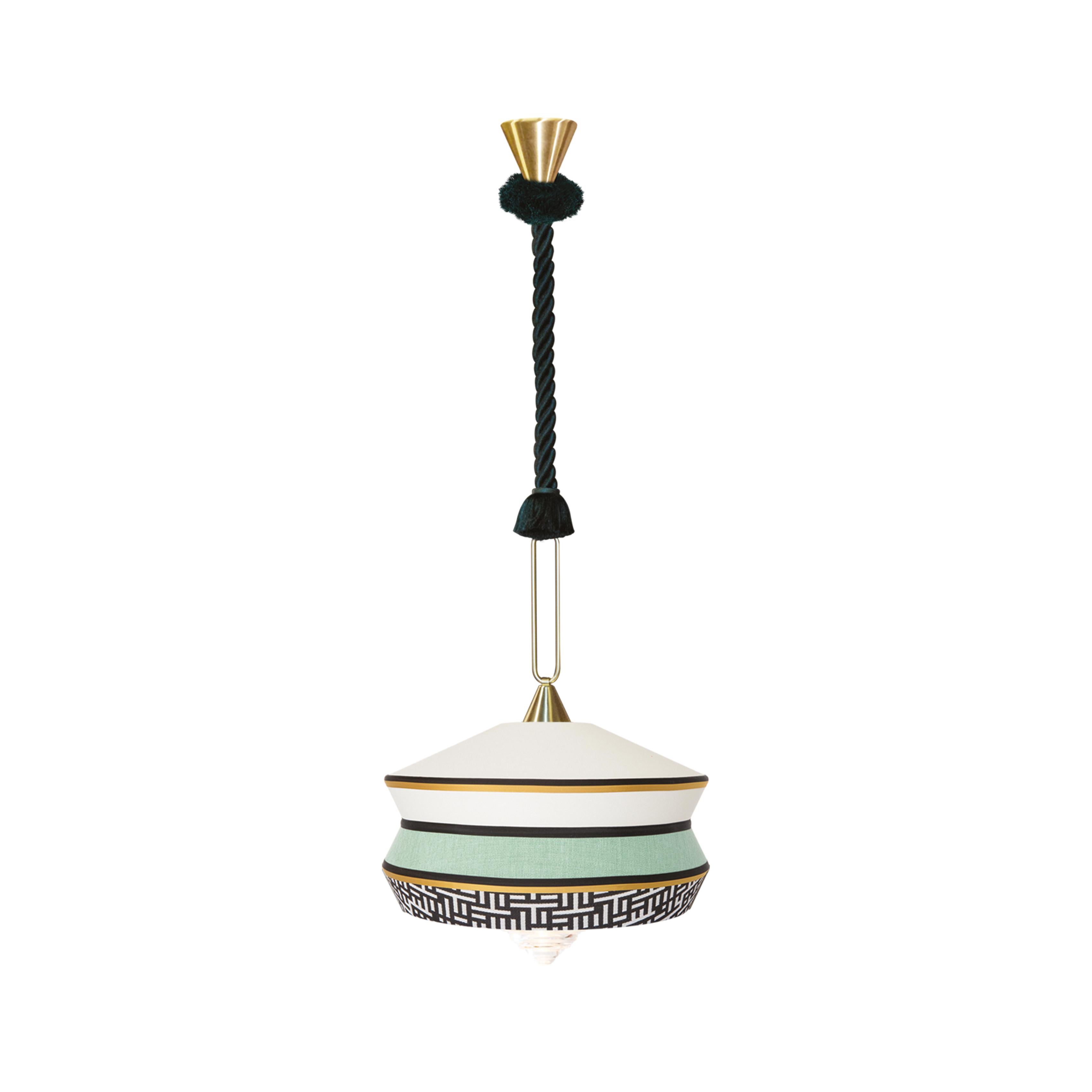 Calypso Antigua Suspension Lamp in Satin Brass Structure, Braided Green Silk For Sale