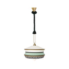 Calypso Antigua Suspension Lamp in Satin Brass Structure, Braided Green Silk