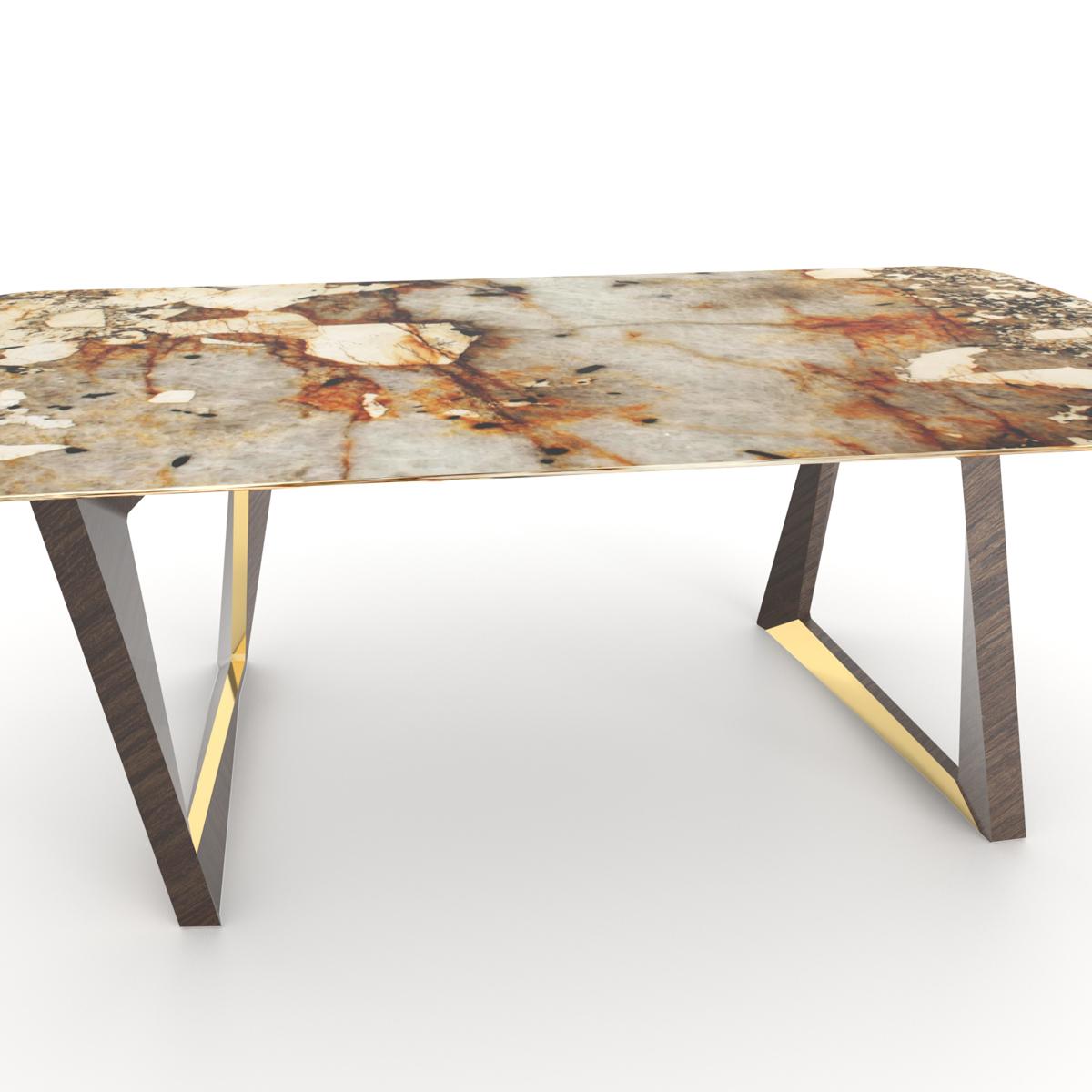 Dinning table calypso with polished Patagonia granite top
and with LED lighting included. With base in solid beech
wood in high gloss dark or brown finish and with golden
metallic inside feet base. Limited edition of 5 pieces.

  