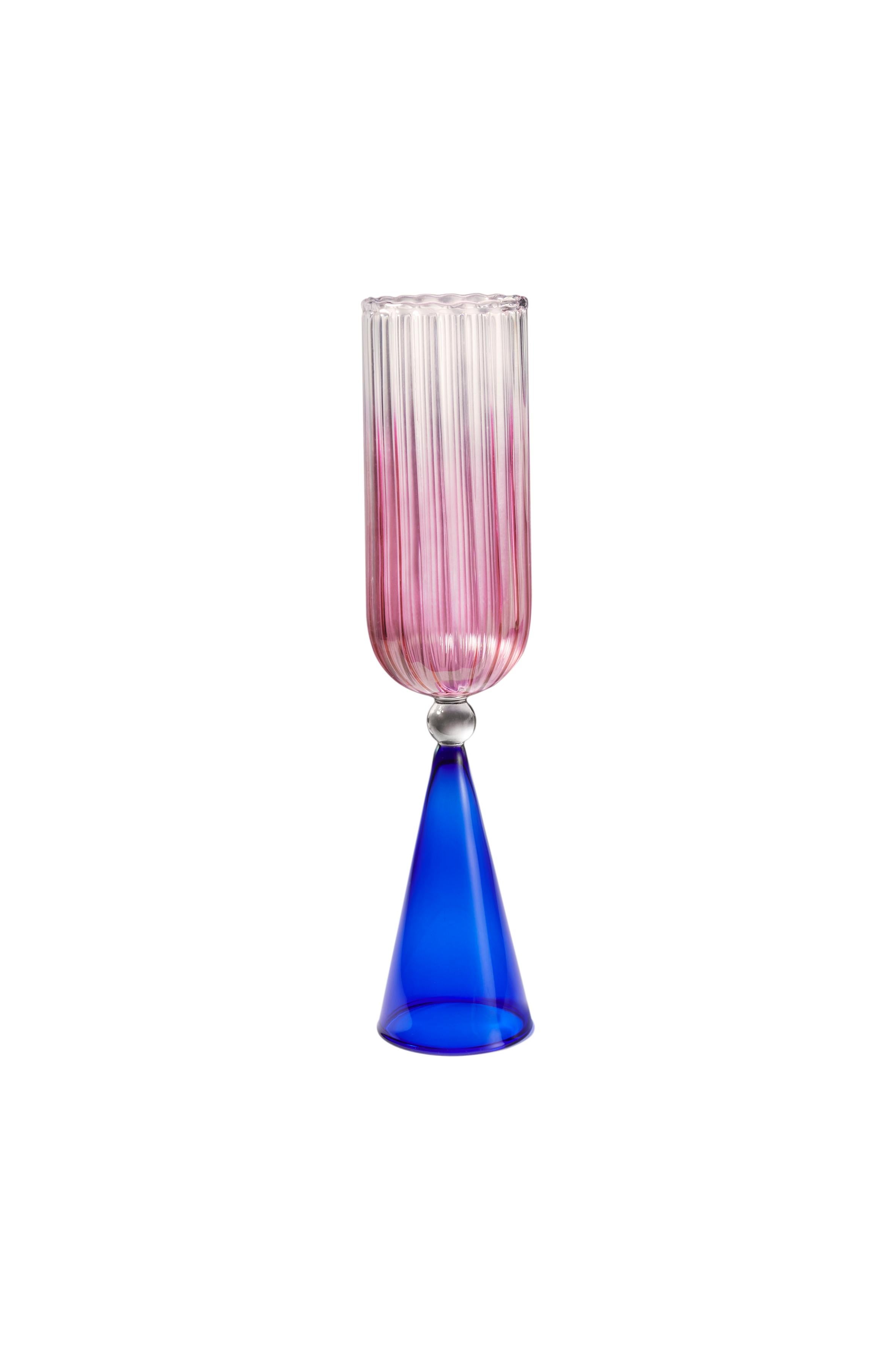Italian Calypso Flute Glasses / Blue + Pink For Sale