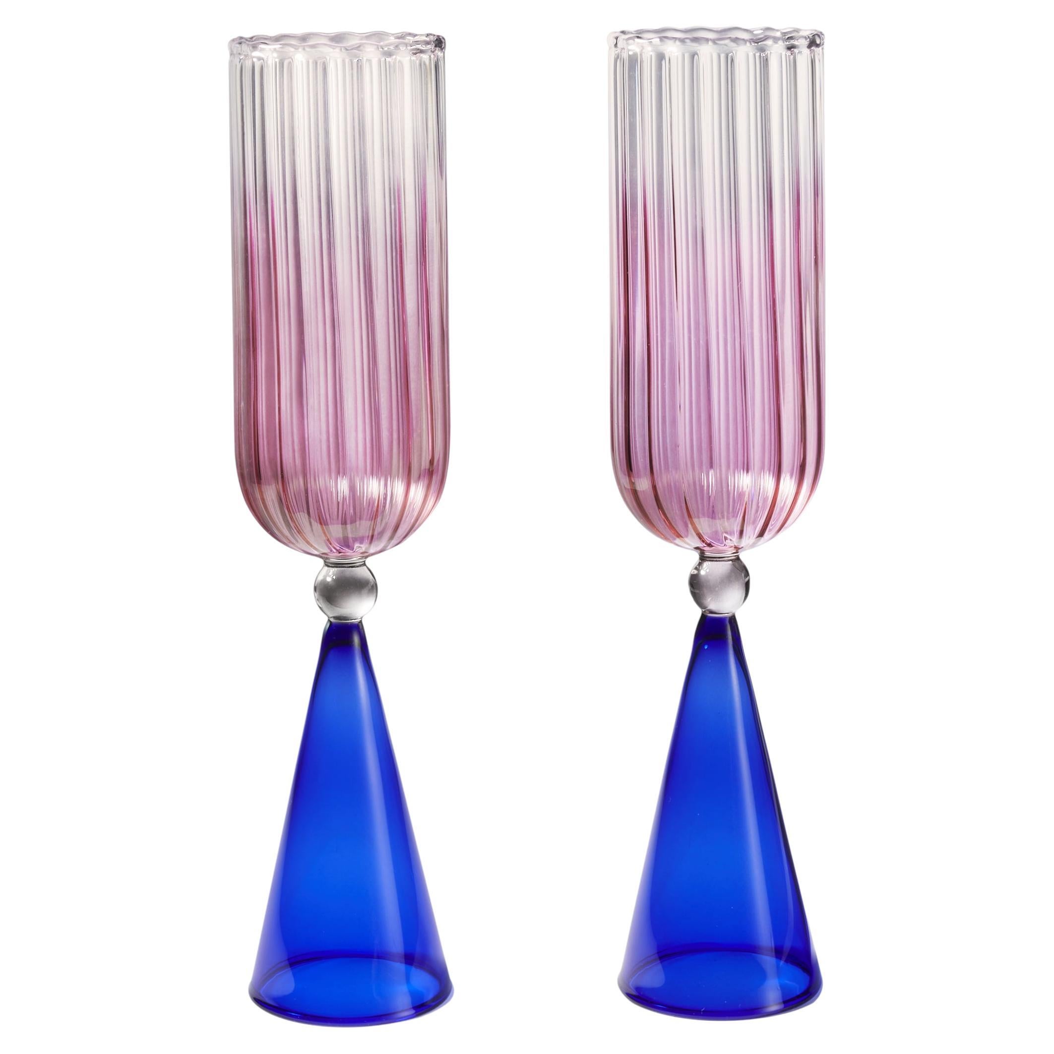 Calypso Flute Glasses / Blue + Pink For Sale