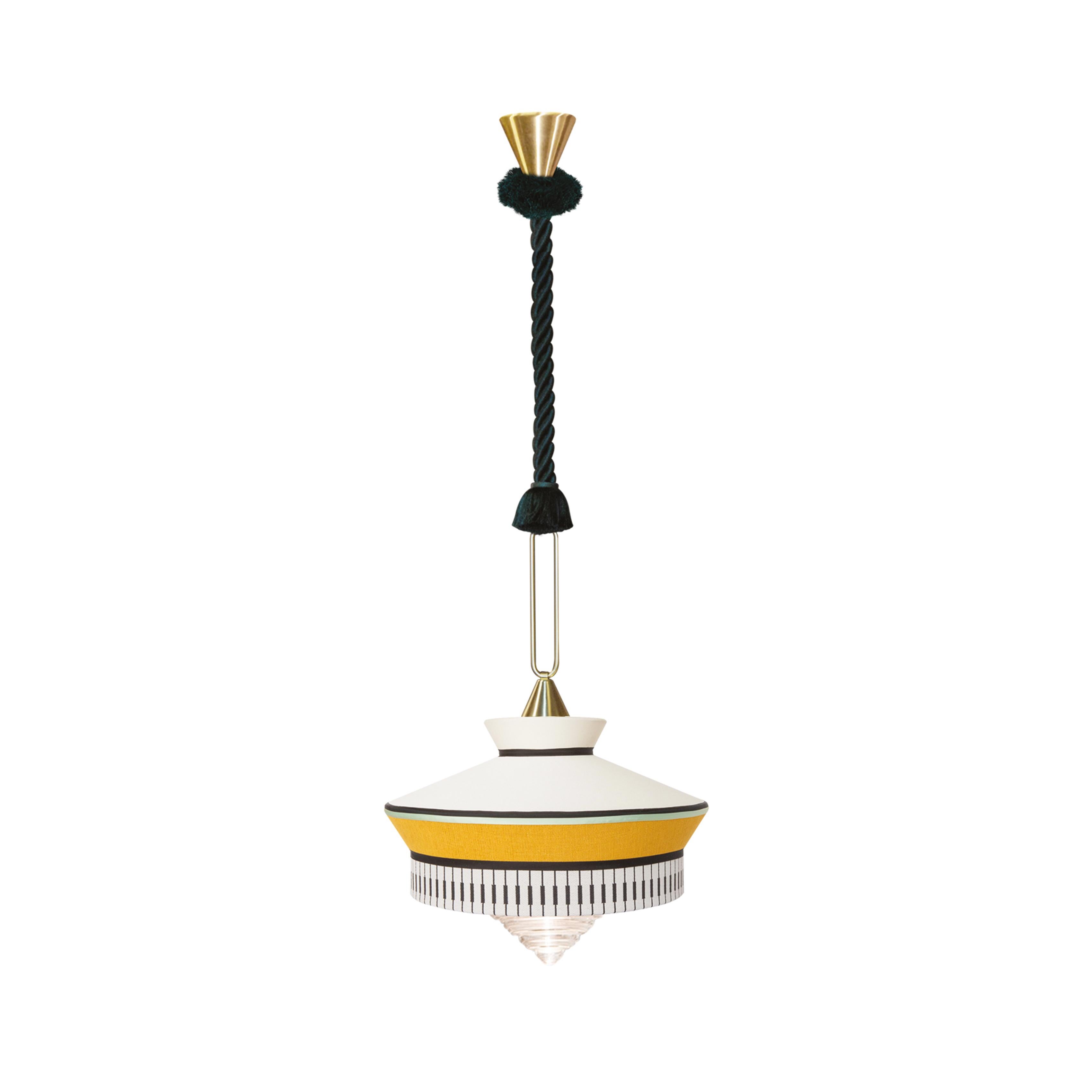 Calypso Martinique Suspension Lamp in Satin Brass Structure, Braided Green Silk