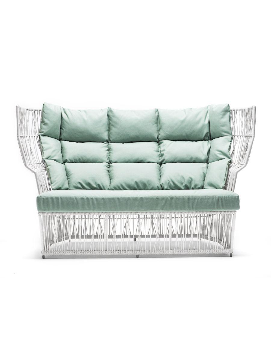 Calyx loveseat by Kenneth Cobonpue.
Materials: Polyethelene, Steel. 
Dimensions: 87.5 cm x 163 cm x H 100.5cm.

Like the lustrous diamond, Calyx features a matrix of interwoven polyethylene strands and a wide crown, making any space stylish with