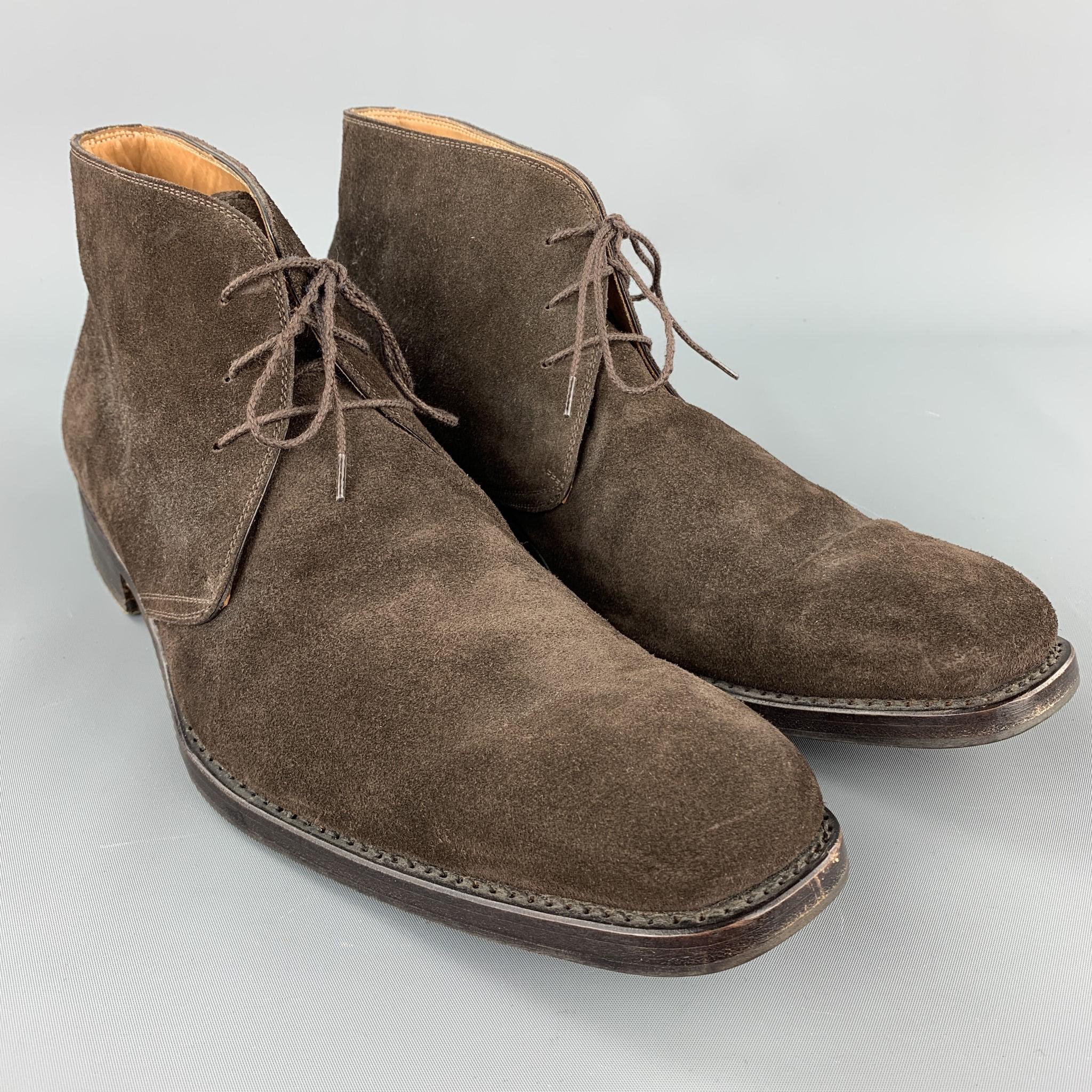 CALZOLERIA HARRIS boots comes in a brown suede featuring a chukka style, lace up, and a wooden heel. Made in Italy.

Very Good Pre-Owned Condition.
Marked: 12

Measurements:

Length: 13 in. 