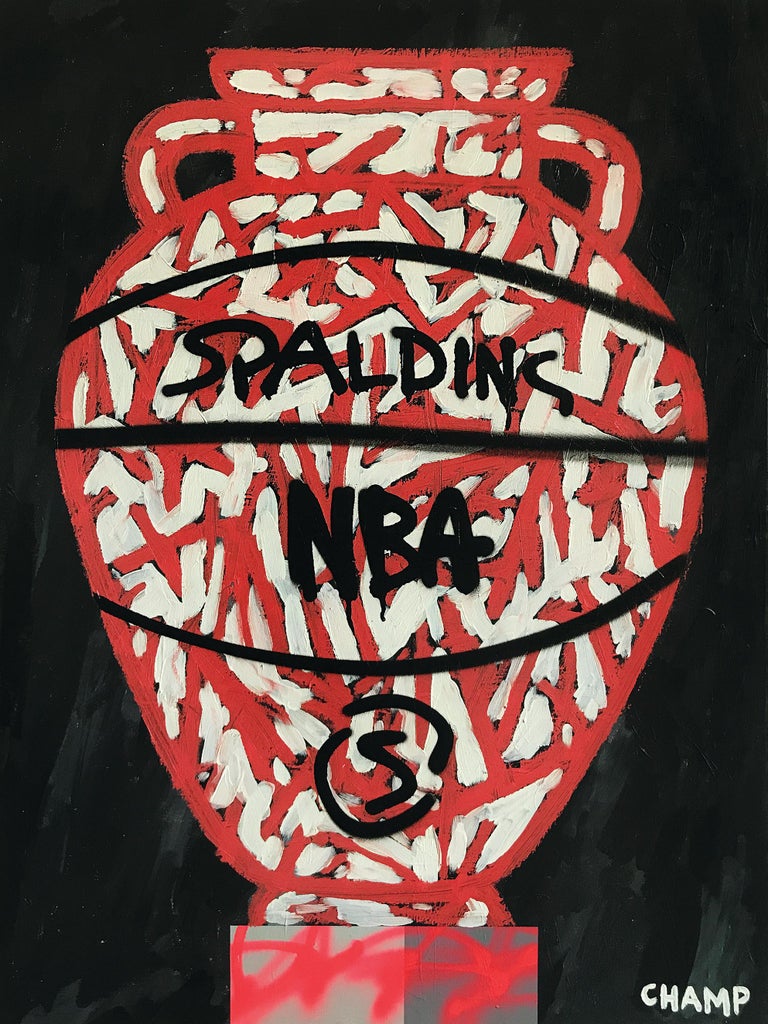 Cam Champ Abstract Print - Free Throw (Glue) - orange and black NBA Spalding sports theme artwork (30 x 40)