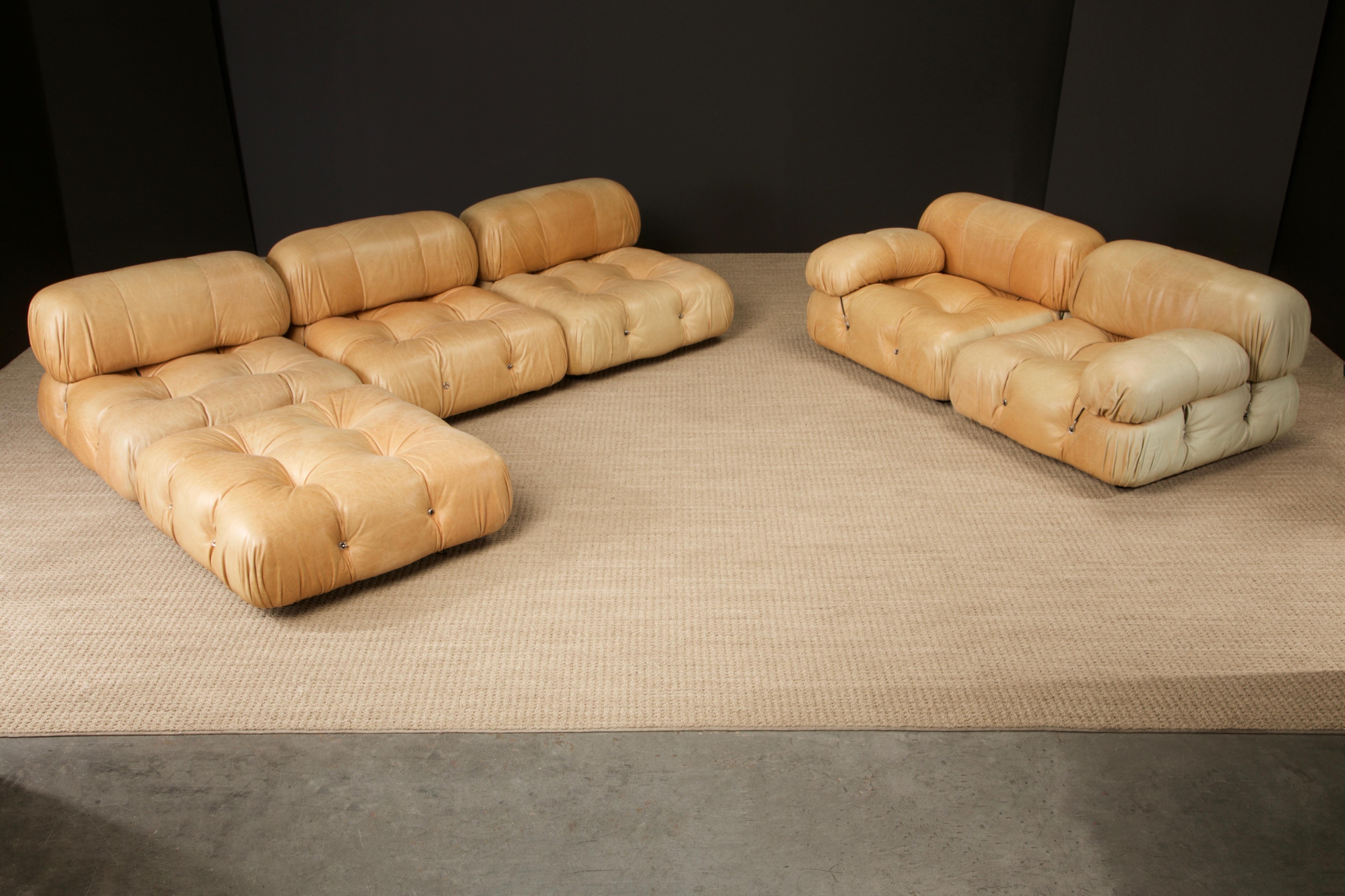 Noted as one of the most comfortable seating systems available, this is an all original circa 1970s 'Camaleonda' sectional sofa by Mario Bellini for B&B Italia with original tan leather, six seating elements with five backs and two arms (thirteen
