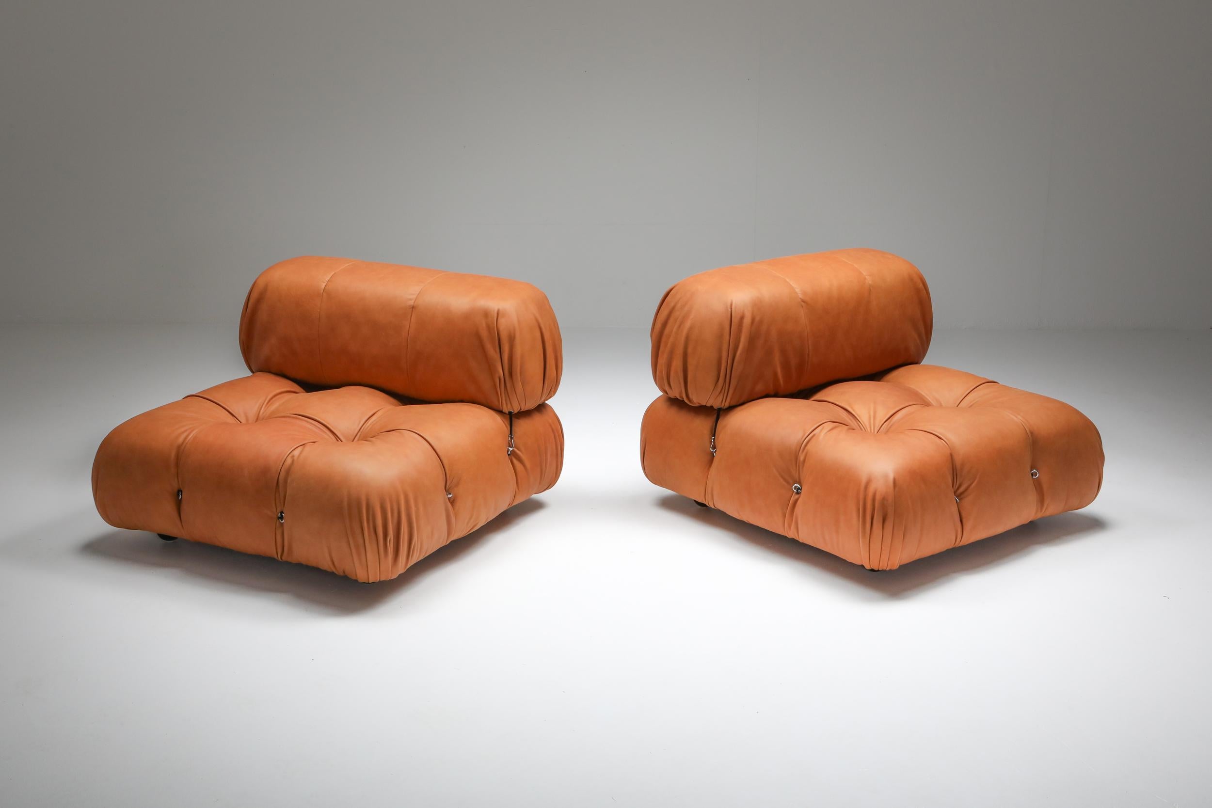 Mario Bellini pair of 'Camaleonda' original lounge chairs, newly upholstered, cognac leather, B&B Italia, 1970s

We can offer a variety in set-ups 
Create your dream modular sectional couch in a leather or fabric of choice.

Postmodern