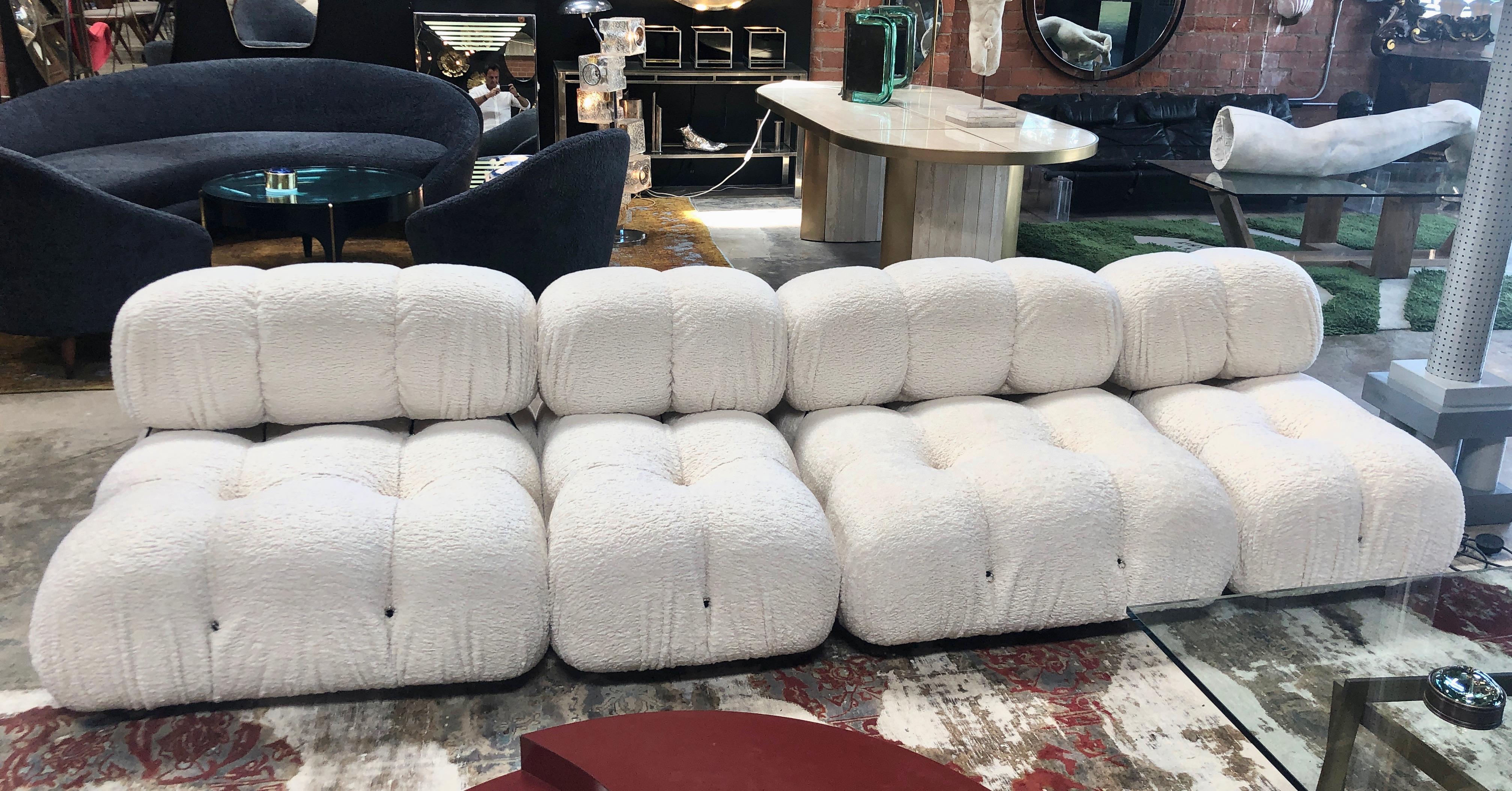 Camaleonda sectional sofa by Mario Bellini, 1970s
Mario Bellini, modular 'Camaleonda' sofa reupholstered in white sheep fabric , Italy, 1972.
This sofa consists out of modular elements. The design became famous almost immediately after it was