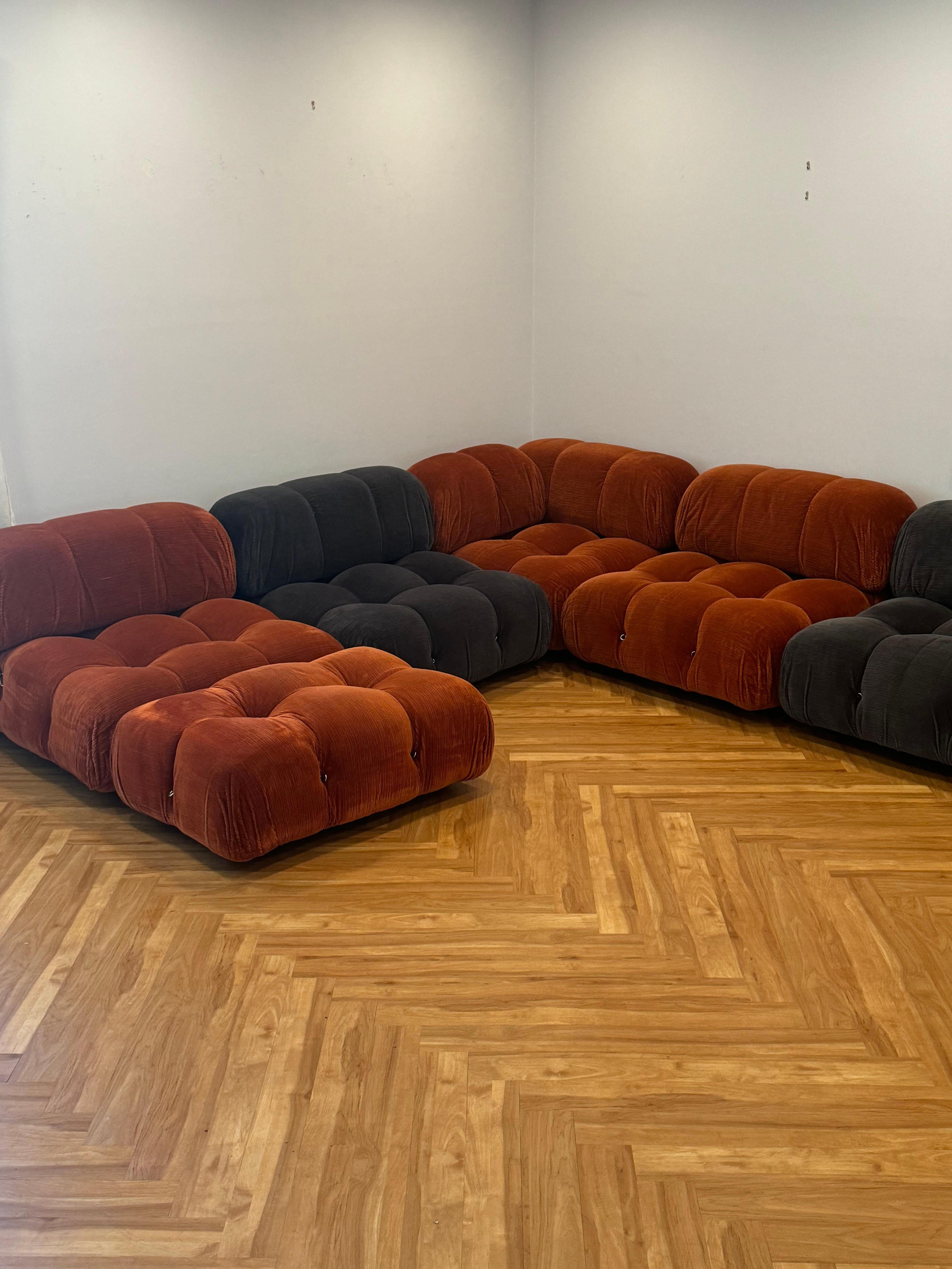 Modular Camaleonda sofa for B&B Italia by Italian architect Mario Bellini in original orange and grey corduroy velvet.

Designed in 1970, the Camaleonda was named both for its ability to adapt to its surroundings with its modular design as well as