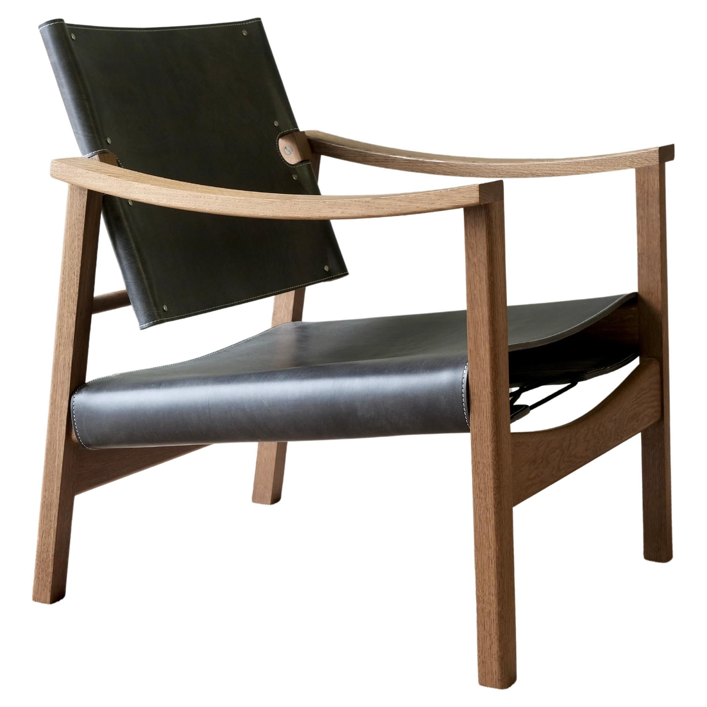 Camber Chair - Black bridle leather and fumed oak For Sale