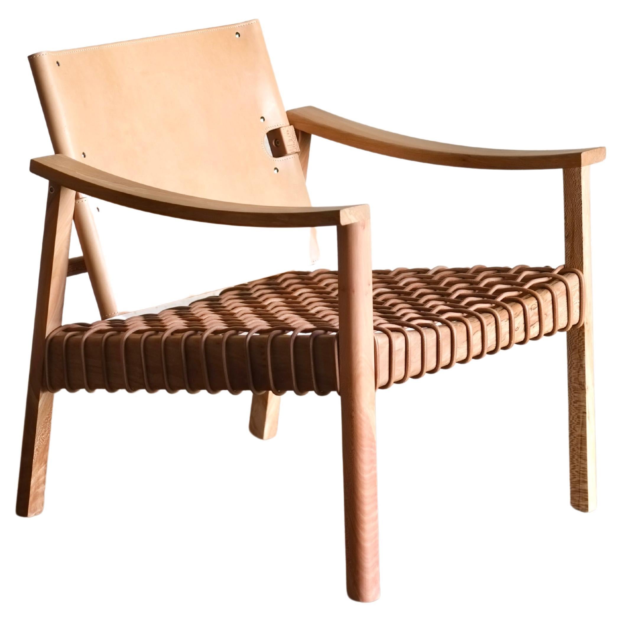 Camber Reading Chair - Woven leather cord and Russet bridle leather For Sale