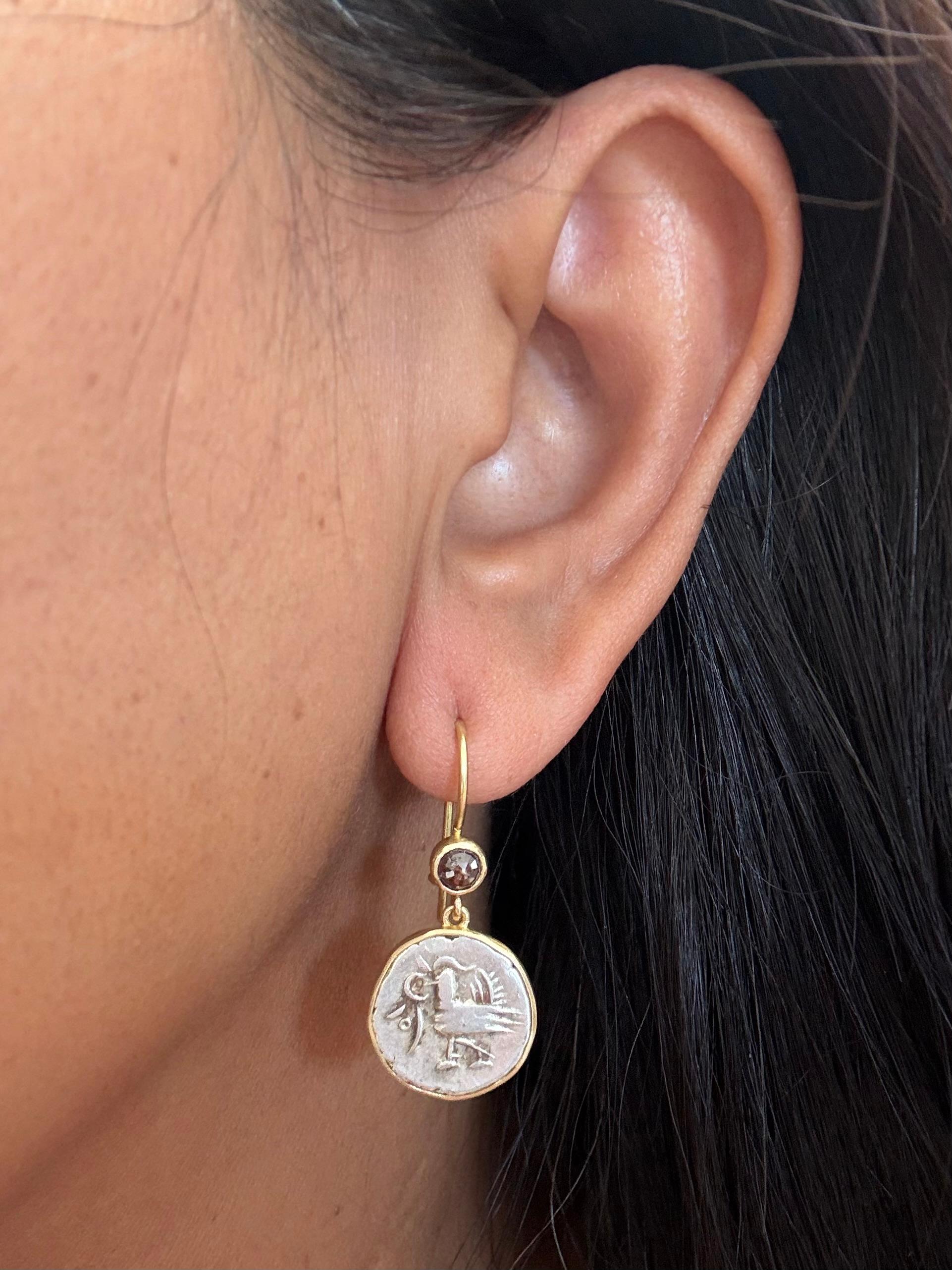 Contemporary Cambodia 1800's Silver Hamza Coin Diamond 18K Gold Earrings For Sale