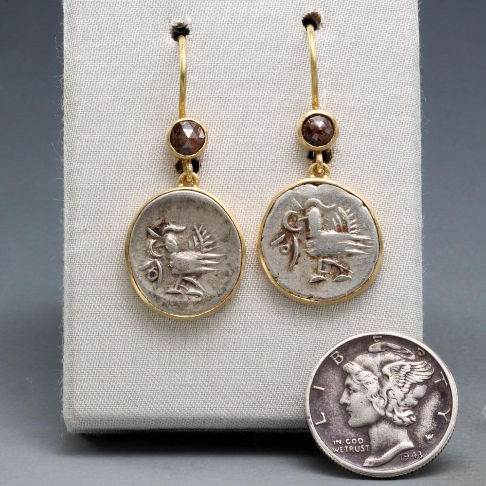Rose Cut Cambodia 1800's Silver Hamza Coin Diamond 18K Gold Earrings For Sale