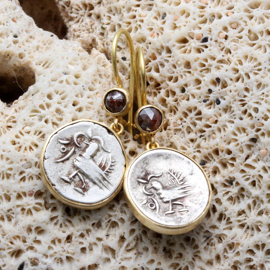 Women's Cambodia 1800's Silver Hamza Coin Diamond 18K Gold Earrings For Sale
