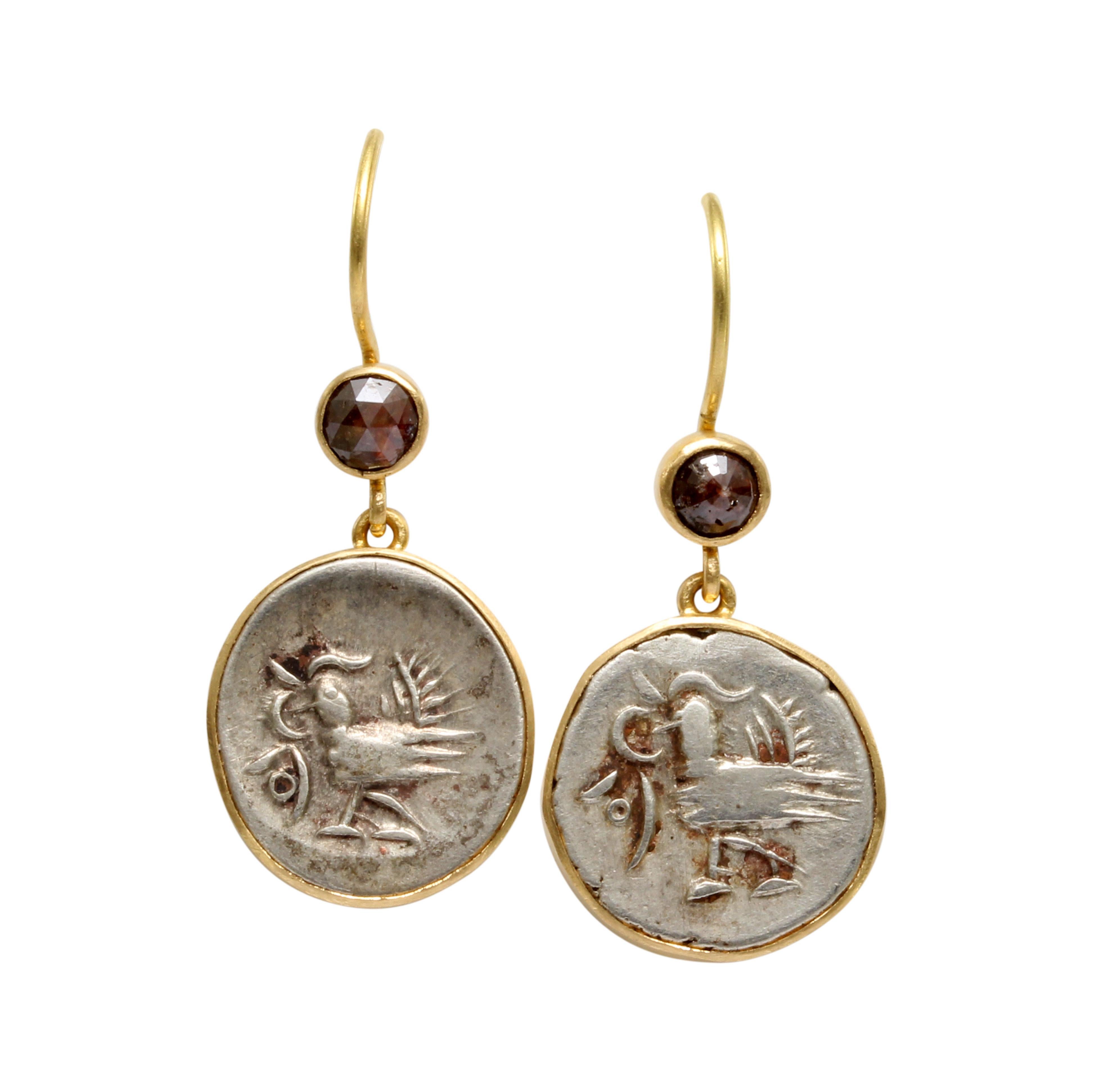 Cambodia 1800's Silver Hamza Coin Diamond 18K Gold Earrings For Sale 1