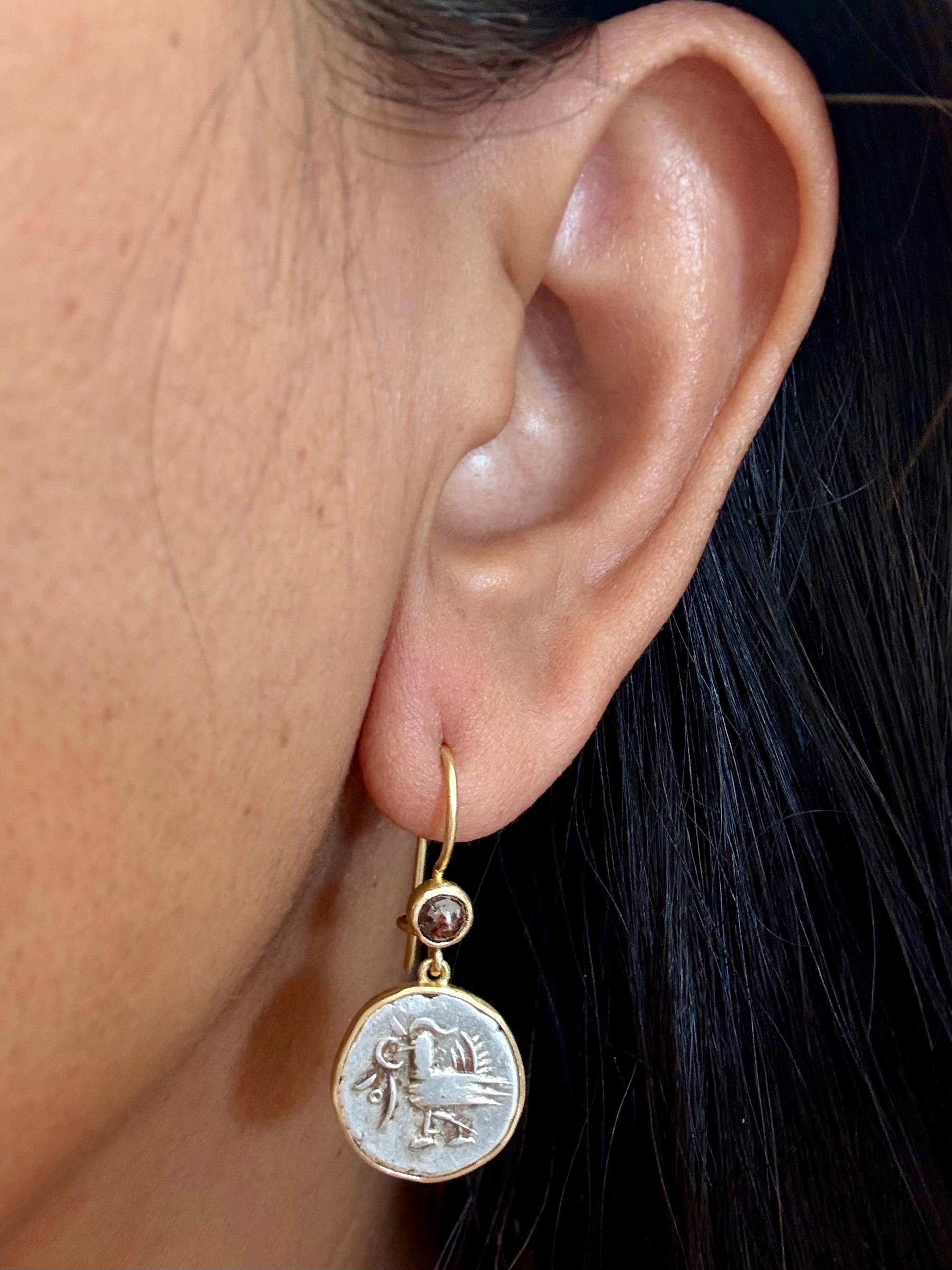 Cambodia 1800's Silver Hamza Coin Diamond 18K Gold Earrings For Sale 3