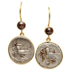 Cambodia 1800's Silver Hamza Coin Diamond 18K Gold Earrings