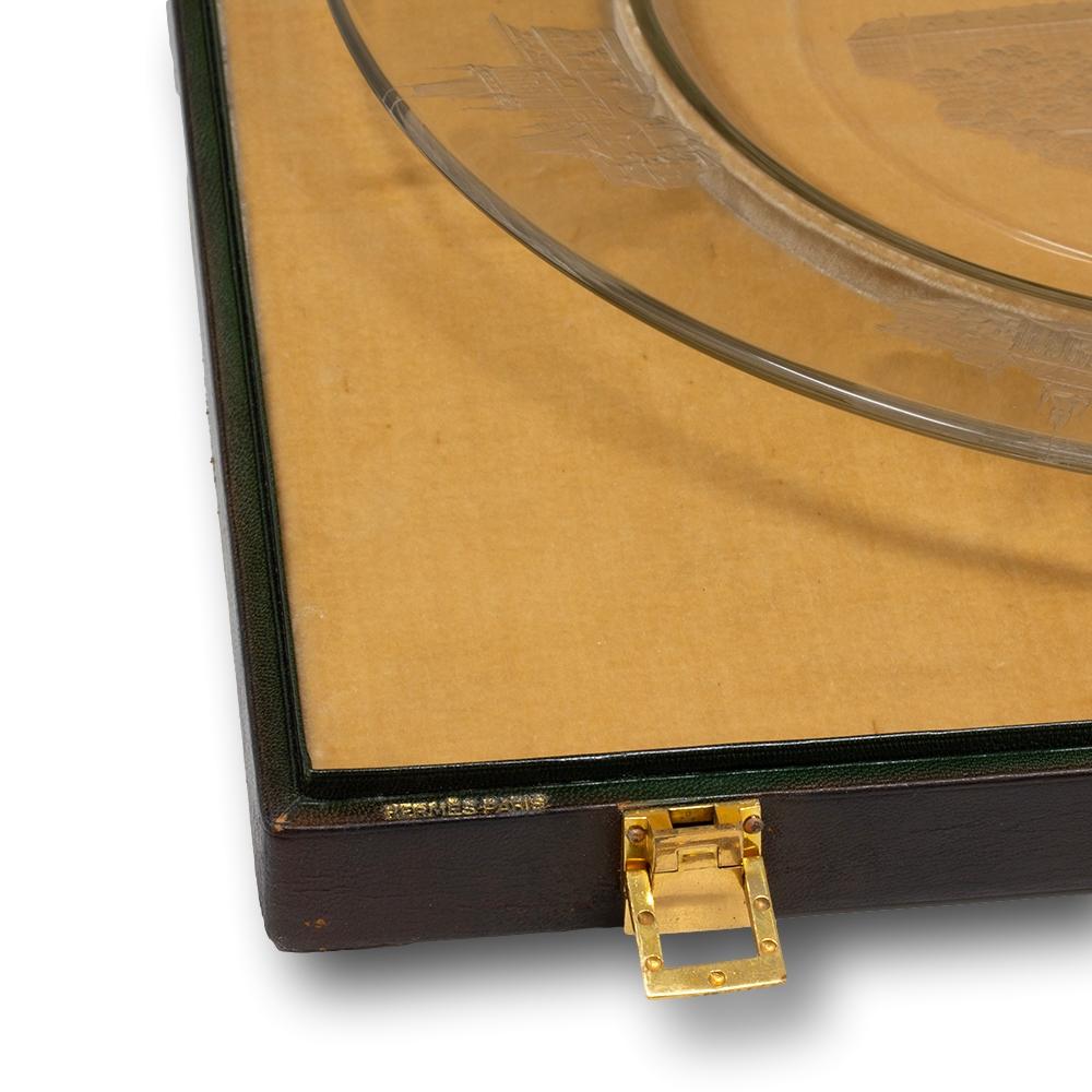 Leather Cambodia Presentation Glass Charger in Hermes Box For Sale