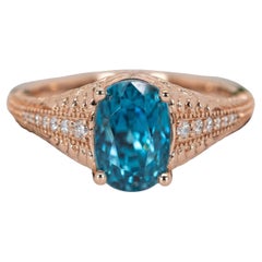 Cambodian 4.7cts Blue Zircon Ring w Diamond Accents in 14K Solid Gold  OV 9x7mm