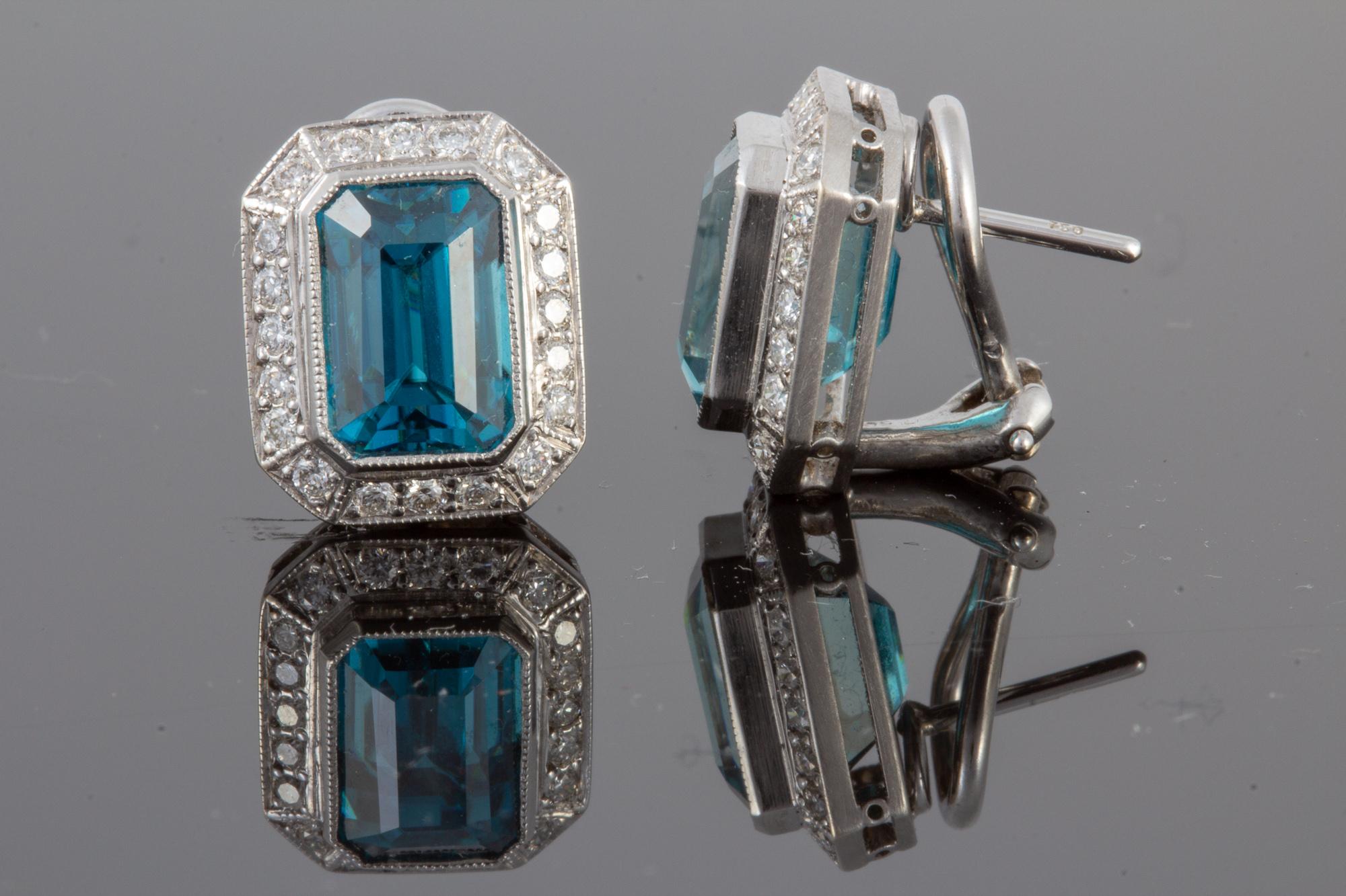 Emerald Cut Cambodian Blue Zircon and Diamond Earrings Set in 18 Karat Gold and Platinum For Sale