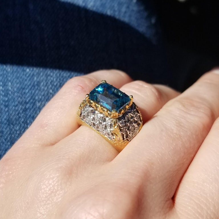 Cambodian Blue Zircon in 18kt Hand Engraved Ring, Handmade in Italy For ...