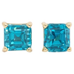 Cambodian Blue Zircon Solitaire Stud Earrings: 14K Solid Gold  Asscher Cut 6mm