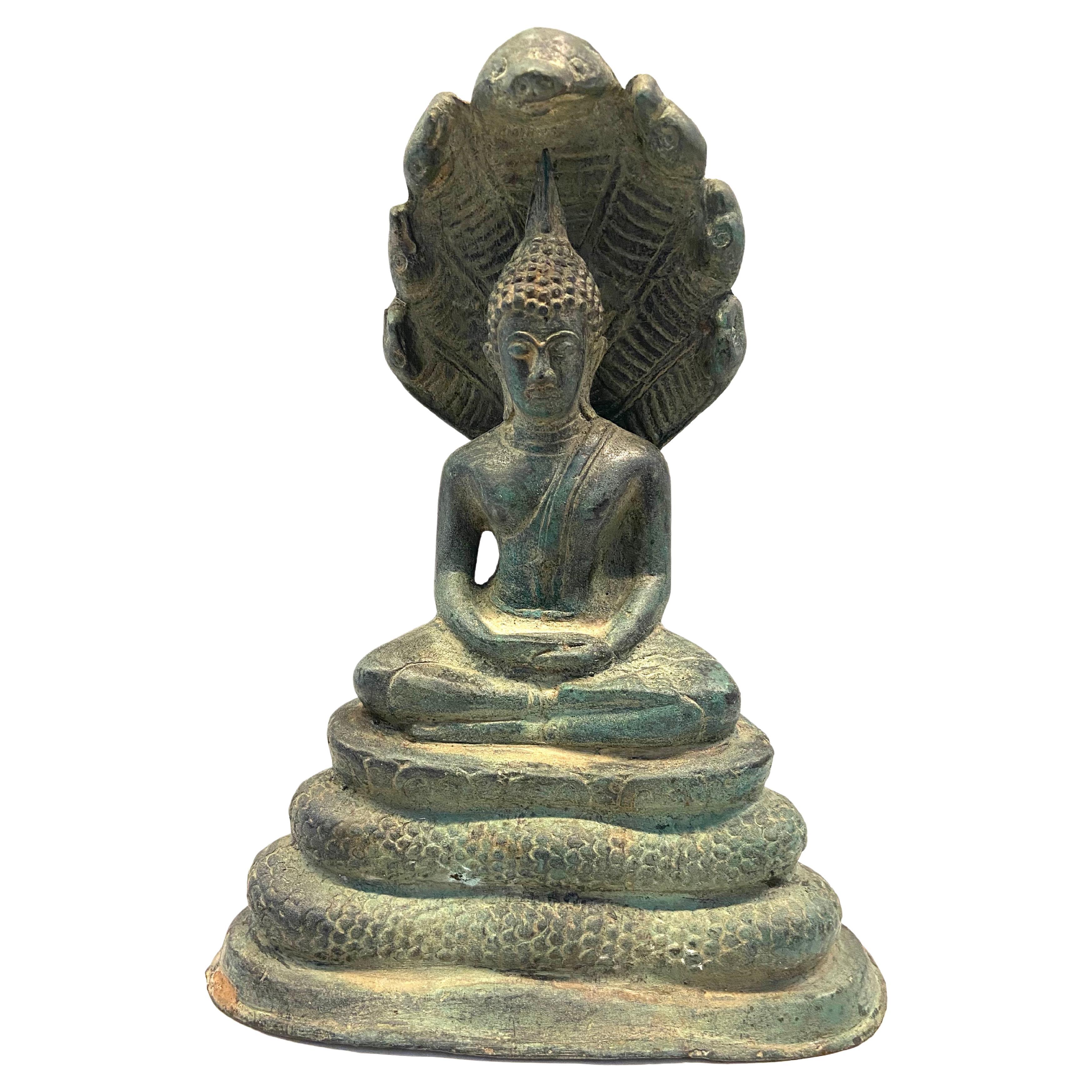 Cambodian Bronze Naga Buddha For Sale