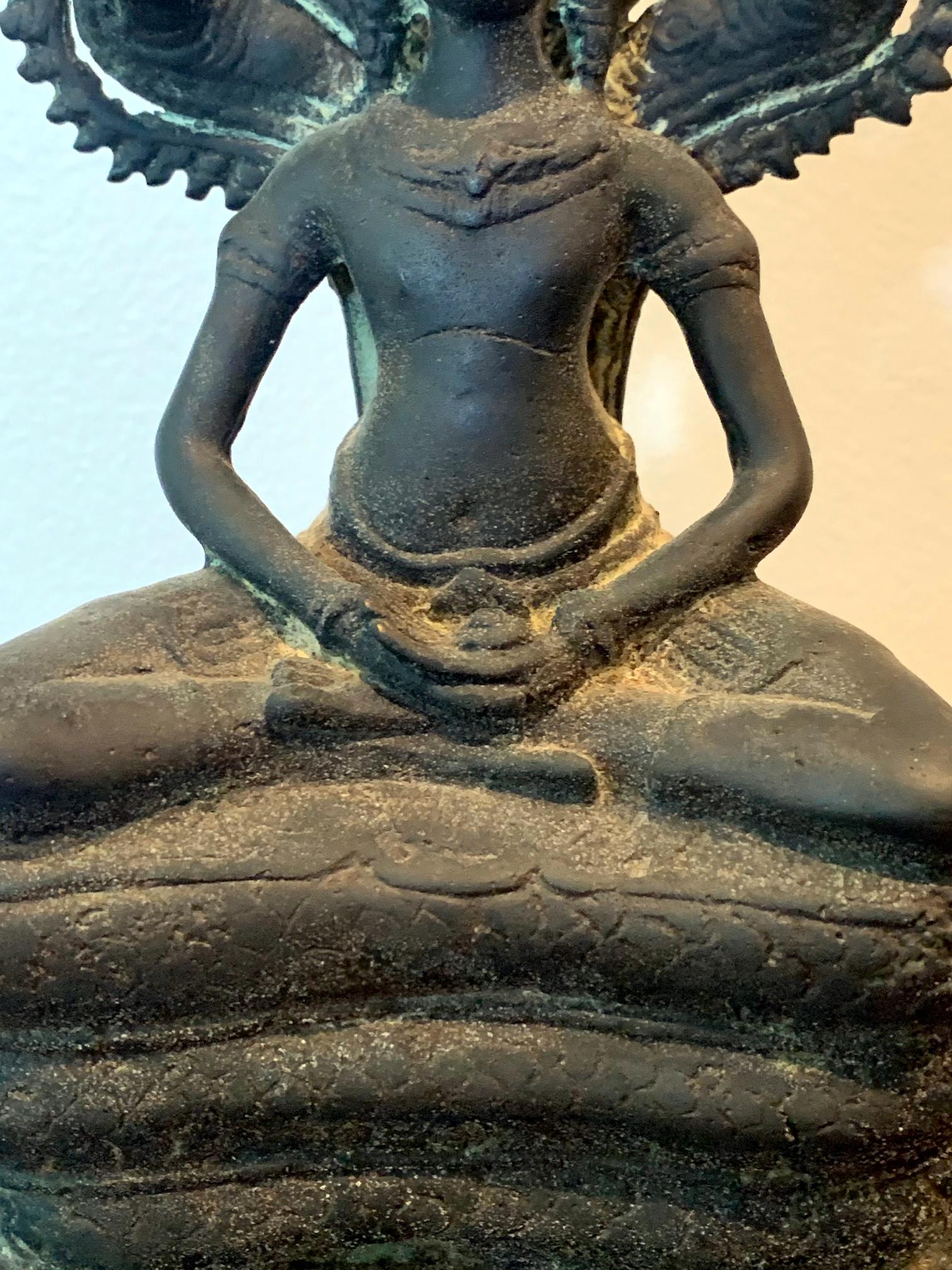 Cambodian Bronze Statue Buddha under Naga In Good Condition In Atlanta, GA
