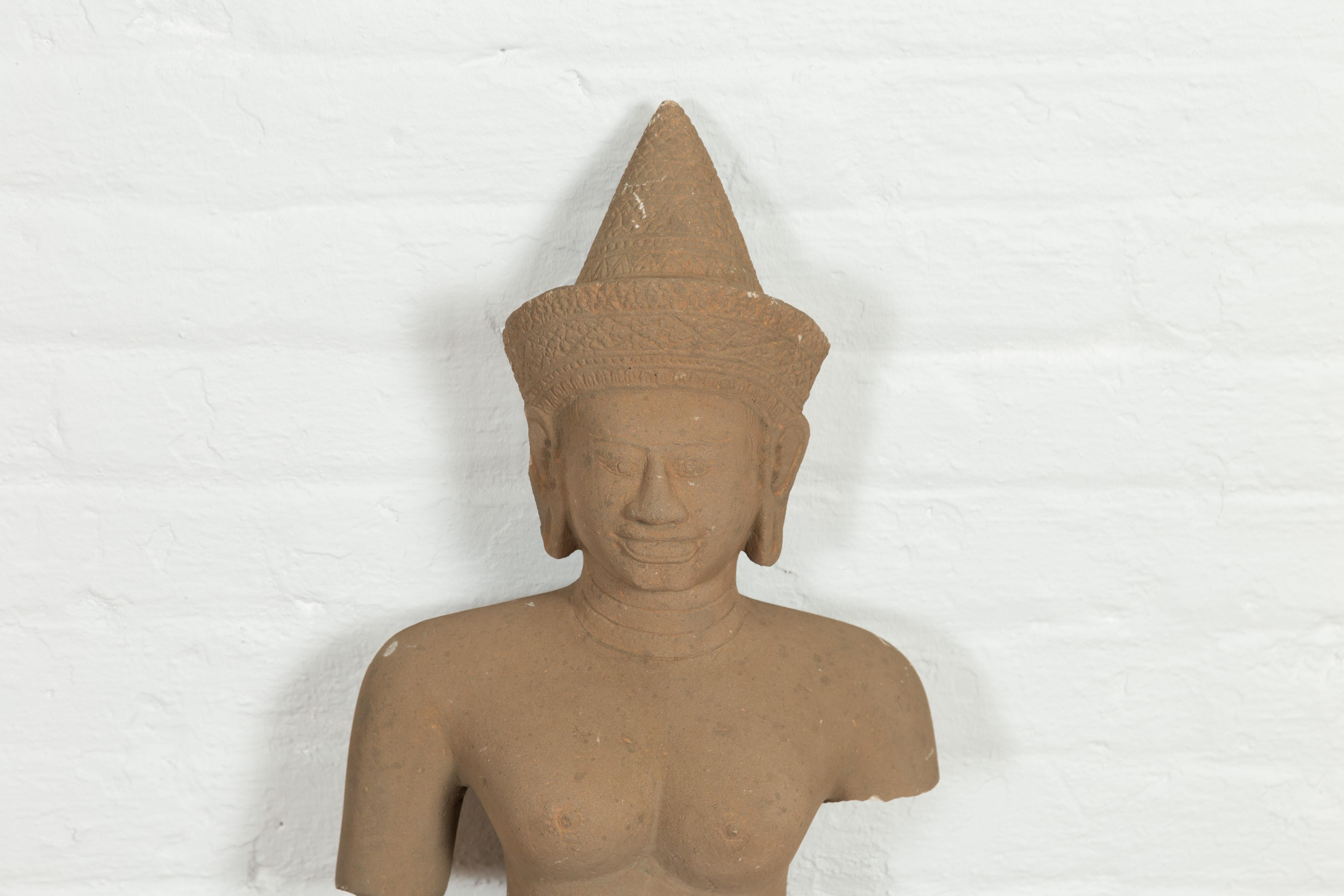 Cambodian Carved Stone Female Deity Bare-Chested Statue with Ornate Headdress In Good Condition In Yonkers, NY