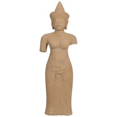 Cambodian Carved Stone Female Deity Bare-Chested Statue with Ornate Headdress