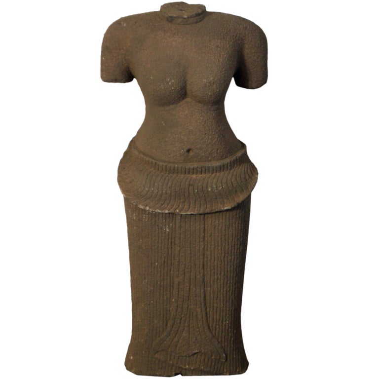 Cambodian Carved Stone Temple Sculpture of a Female with Sarong For