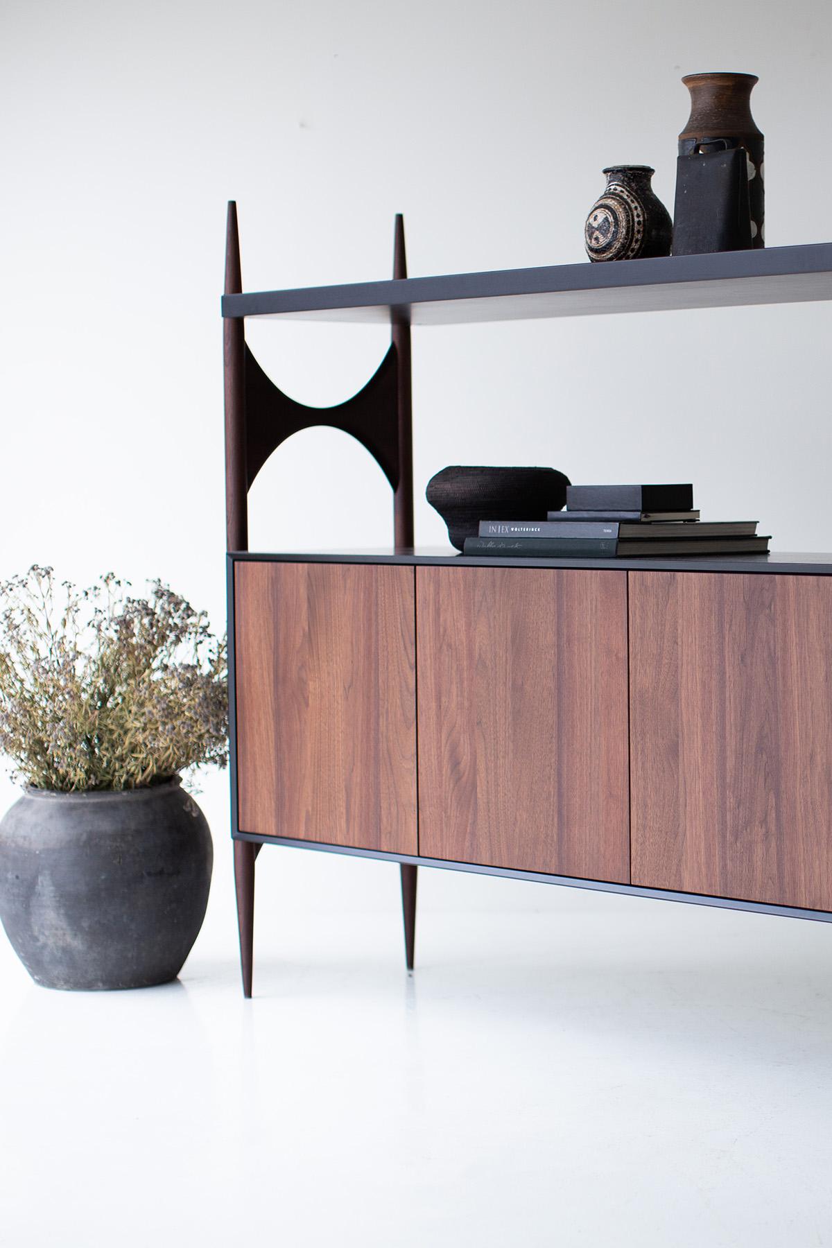 Cambre Credenza, modern Walnut Credenza, black, 2 drawers, for Craft Associates

This modern teak credenza from the Cambre Collection for Craft Associates Furniture is expertly crafted. The legs and door fronts are constructed by artisans from