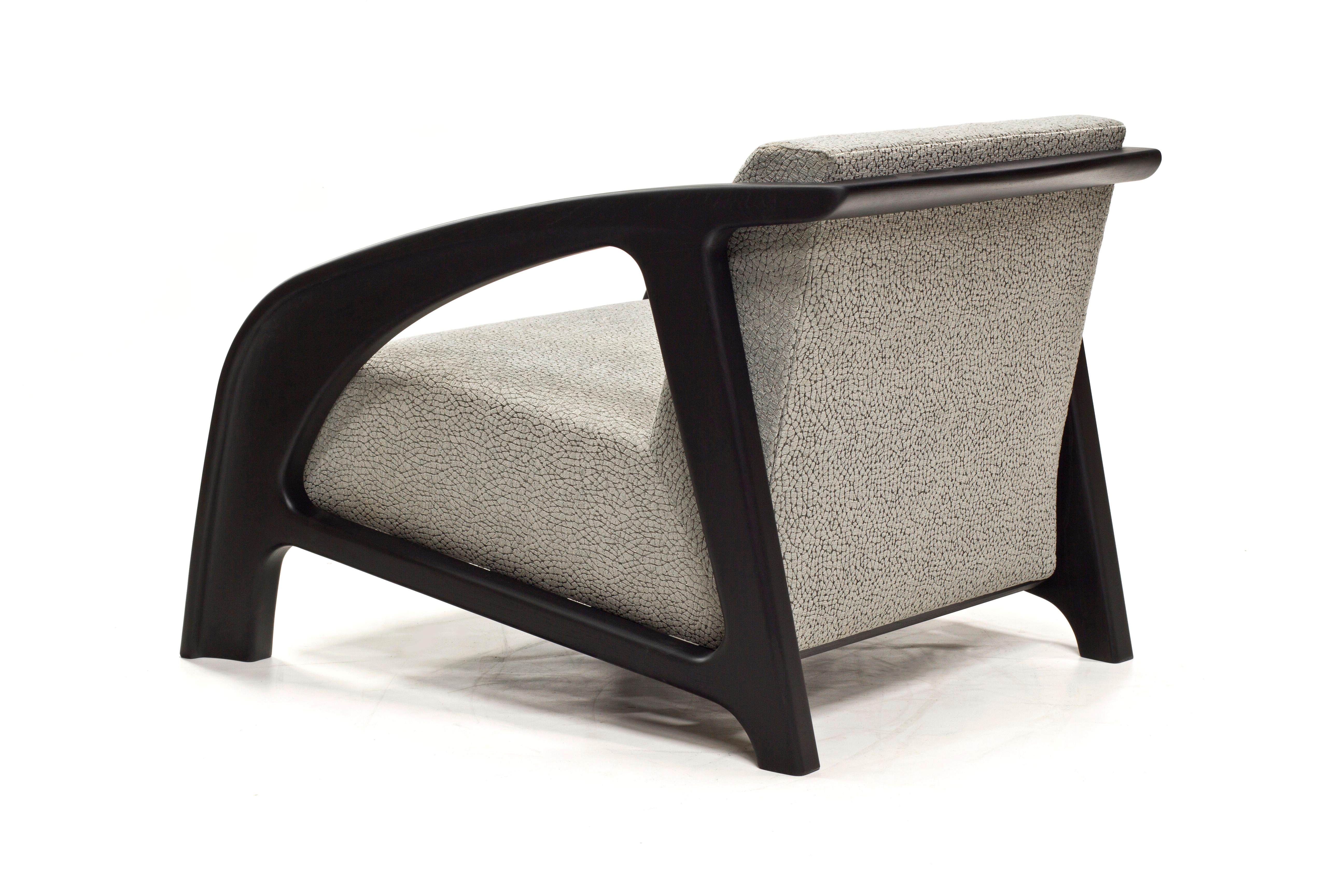 Modern Cambre Lounge Chair in Ebonized Ash with Grey Upholstered Cushion by Wooda For Sale
