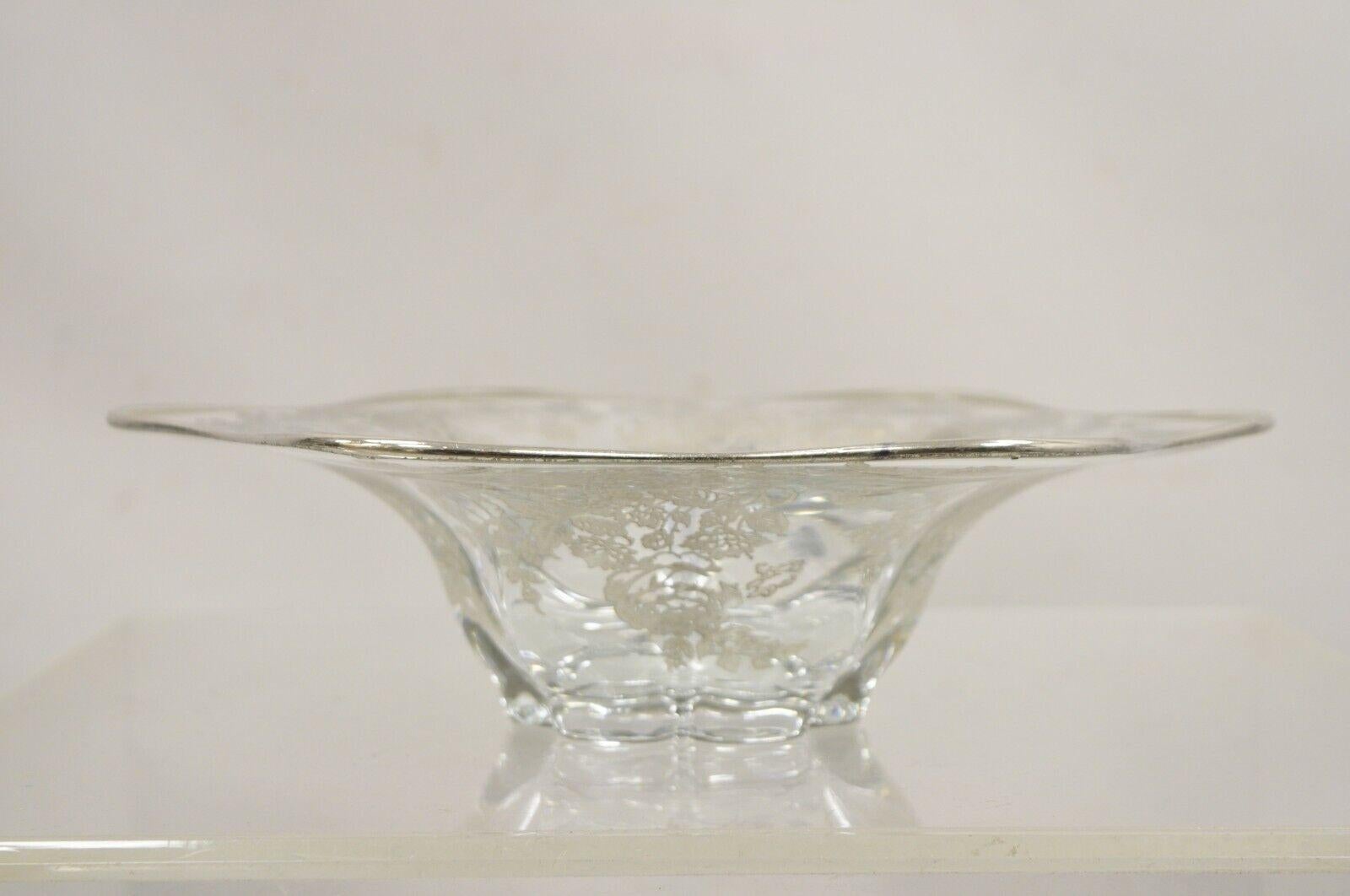 Art Nouveau Cambridge Blown Glass Flower Petal Sterling Silver Overlay Trinket Candy Dish For Sale