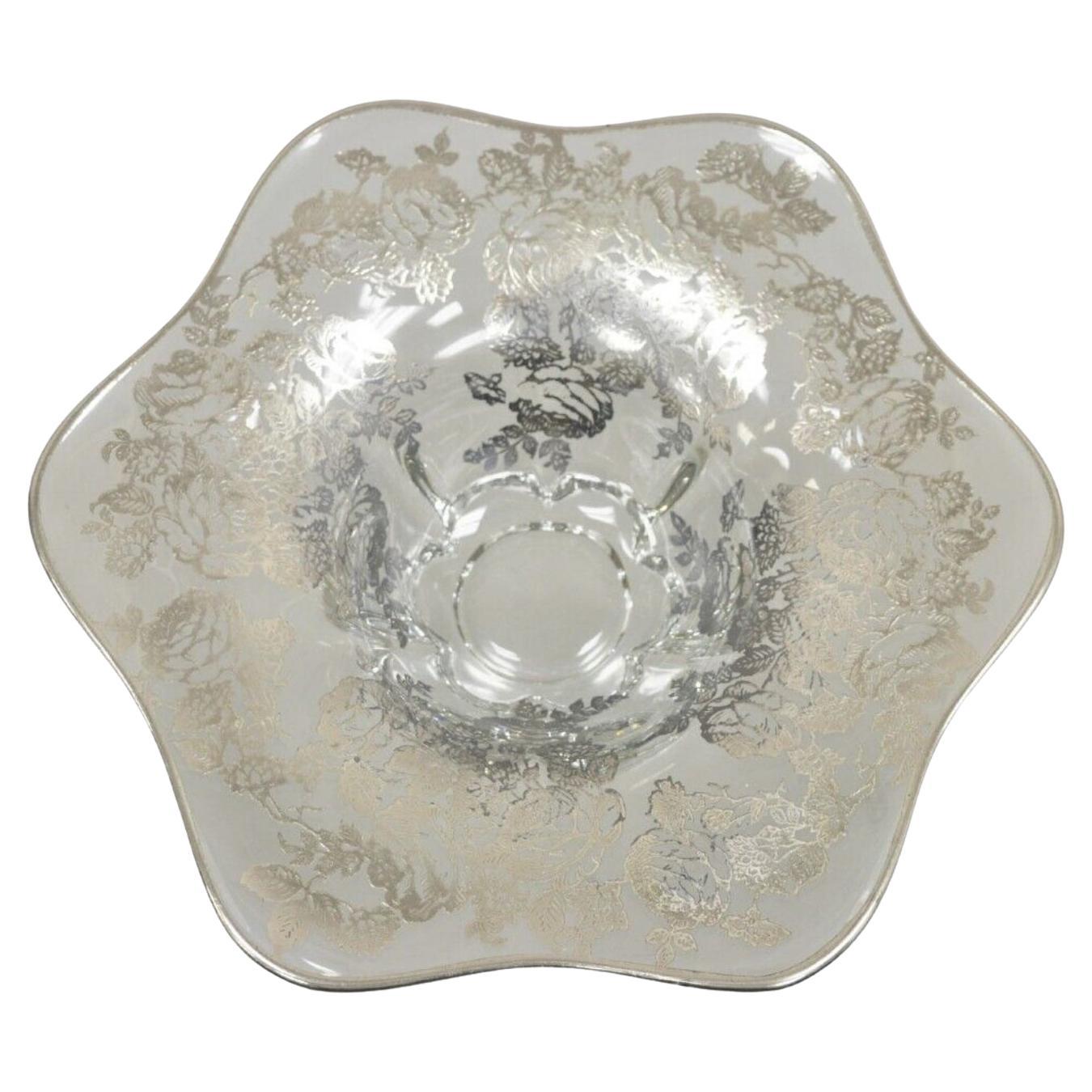 Cambridge Blown Glass Flower Petal Sterling Silver Overlay Trinket Candy Dish