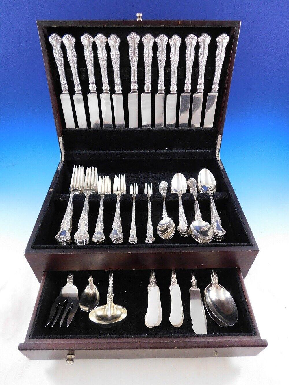 Dinner size Cambridge by Gorham sterling silver flatware set - 90 pieces. This set includes:

12 dinner size knives w/blunt plated blades, 9 3/4