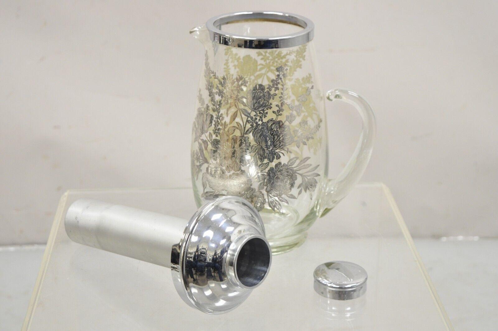 Vintage Cambridge Art Nouveau Floral Sterling Silver Overlay Glass Lemonade Pitcher w/ Ice Caddy. Item features a blown glass handle, sterling silver overlay, marked 