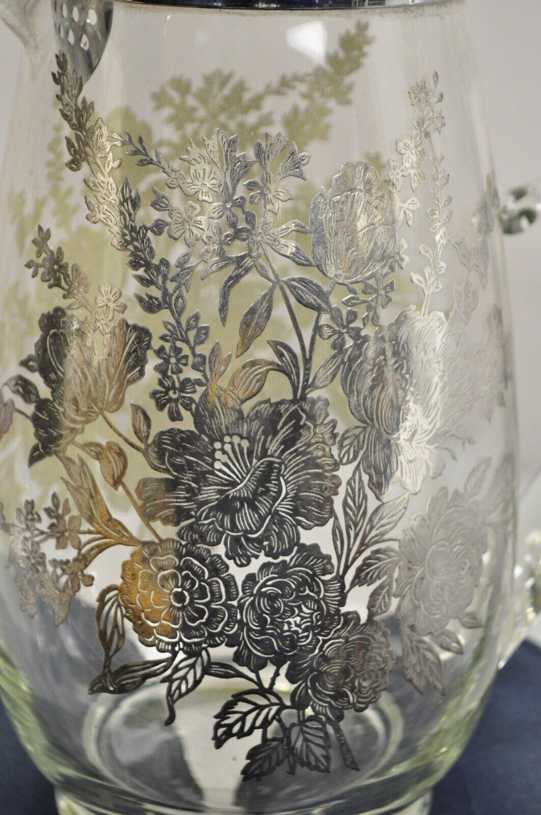 Art Nouveau Cambridge Floral Sterling Silver Overlay Glass Lemonade Pitcher w/ Ice Caddy For Sale