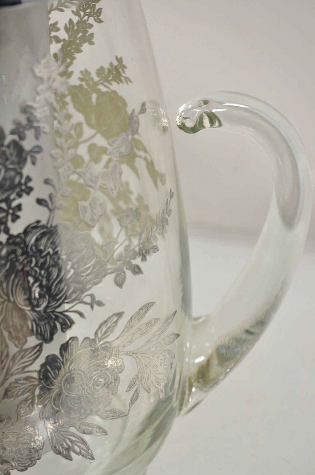 Cambridge Floral Sterling Silver Overlay Glass Lemonade Pitcher w/ Ice Caddy In Good Condition For Sale In Philadelphia, PA