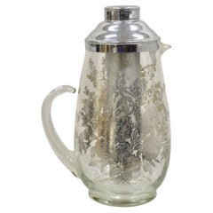 Antique Cambridge Floral Sterling Silver Overlay Glass Lemonade Pitcher w/ Ice Caddy