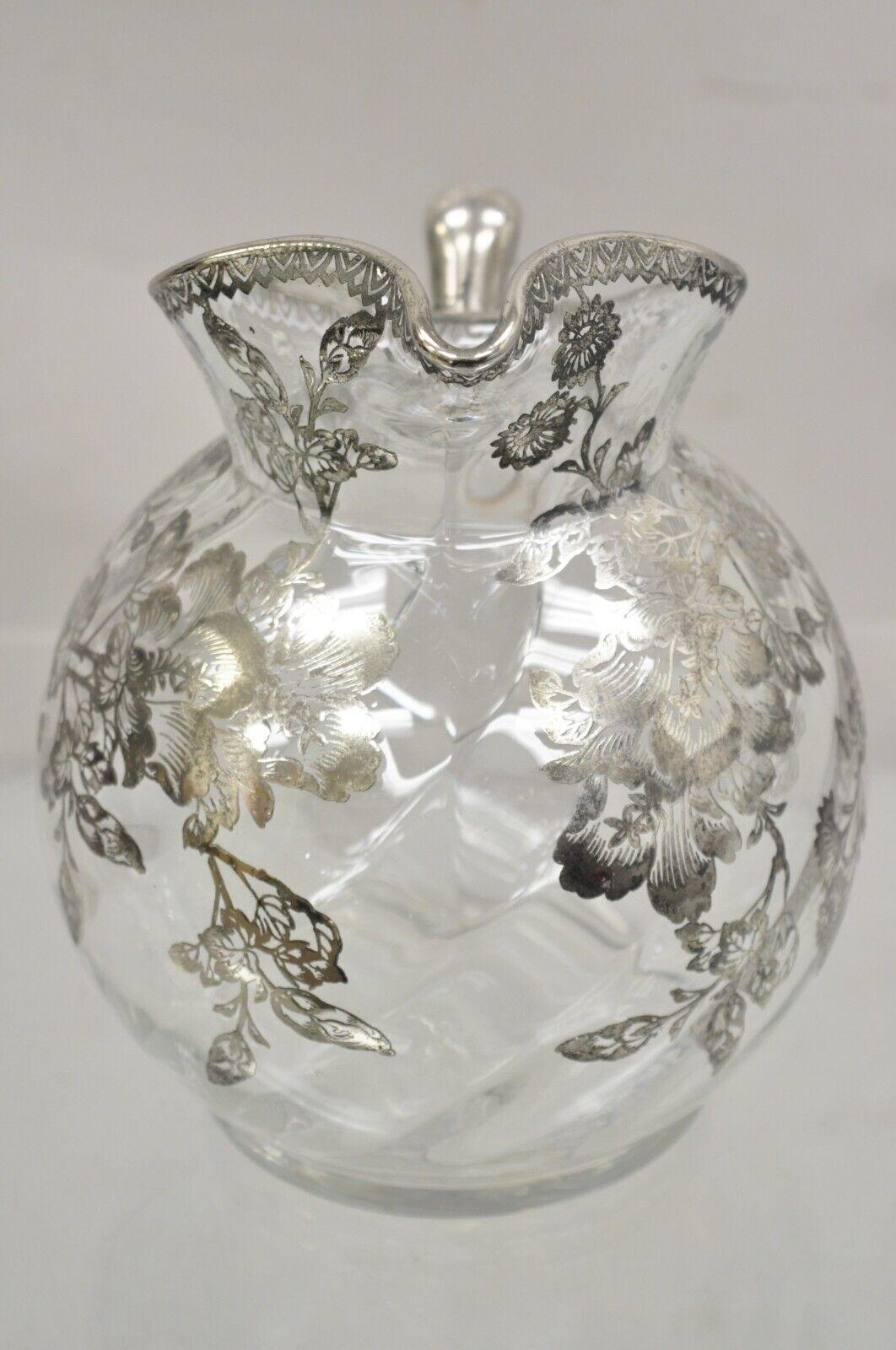 20th Century Cambridge Gyro Optic Ball Glass Swirl Water Pitcher w/ Sterling Silver Overlay For Sale