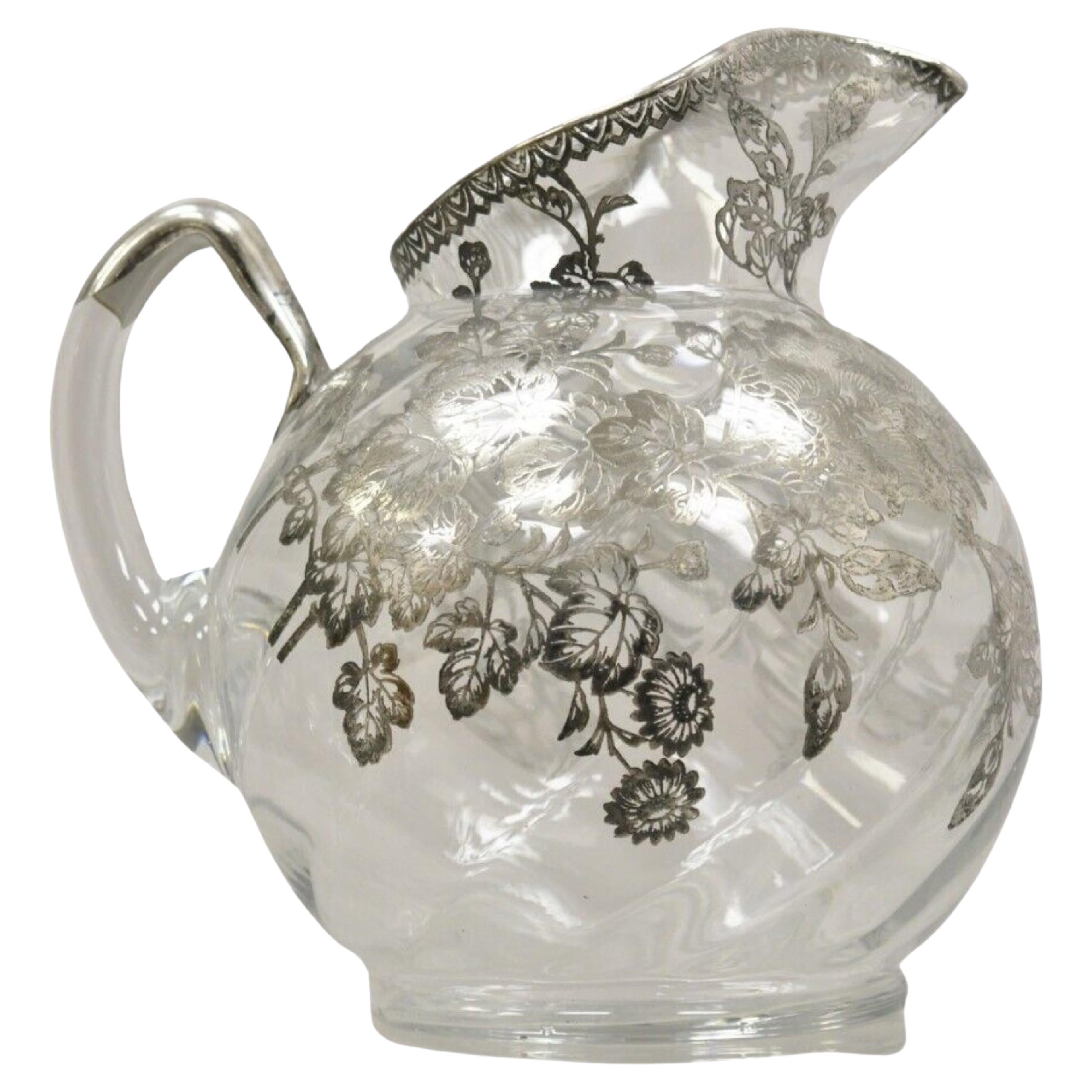 Cambridge Gyro Optic Ball Glass Swirl Water Pitcher w/ Sterling Silver Overlay For Sale