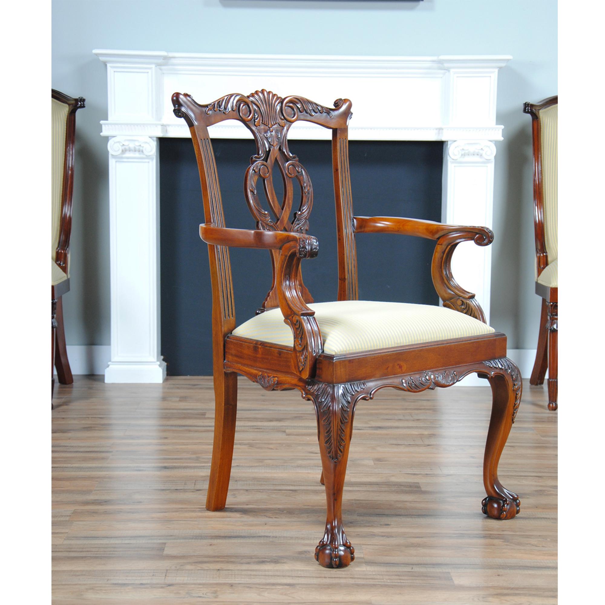 This set of 10 Cambridge Mahogany Chairs is made up of 2 arm chairs and 8 side chairs. When creating this chair we took all of the most popular design elements from our favorite Chippendale inspired chairs and combined them to create this model.