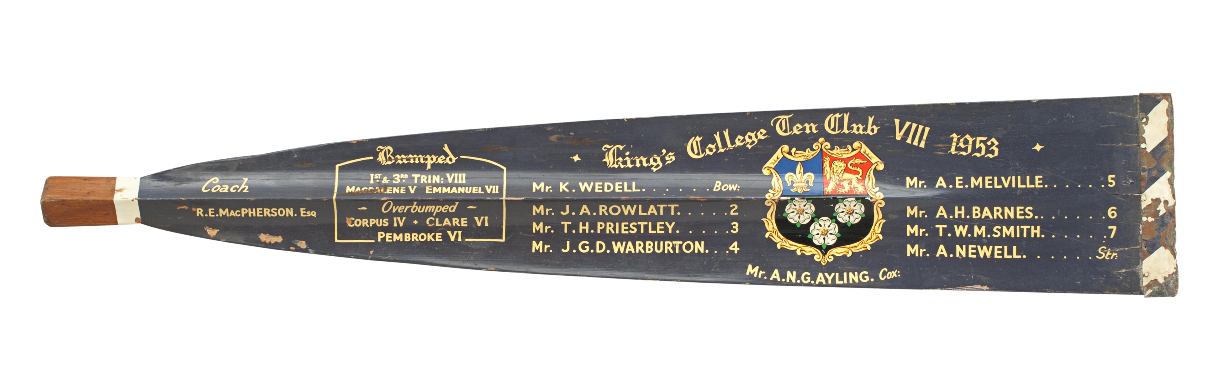 Cambridge Presentation Rowing Oar, Trophy Blade, 1953.
The oar is an original traditional King's College 'Ten Club VIII' (Cambridge University) presentation rowing oar tip with calligraphy and college insignia. The paint and writing on the trophy