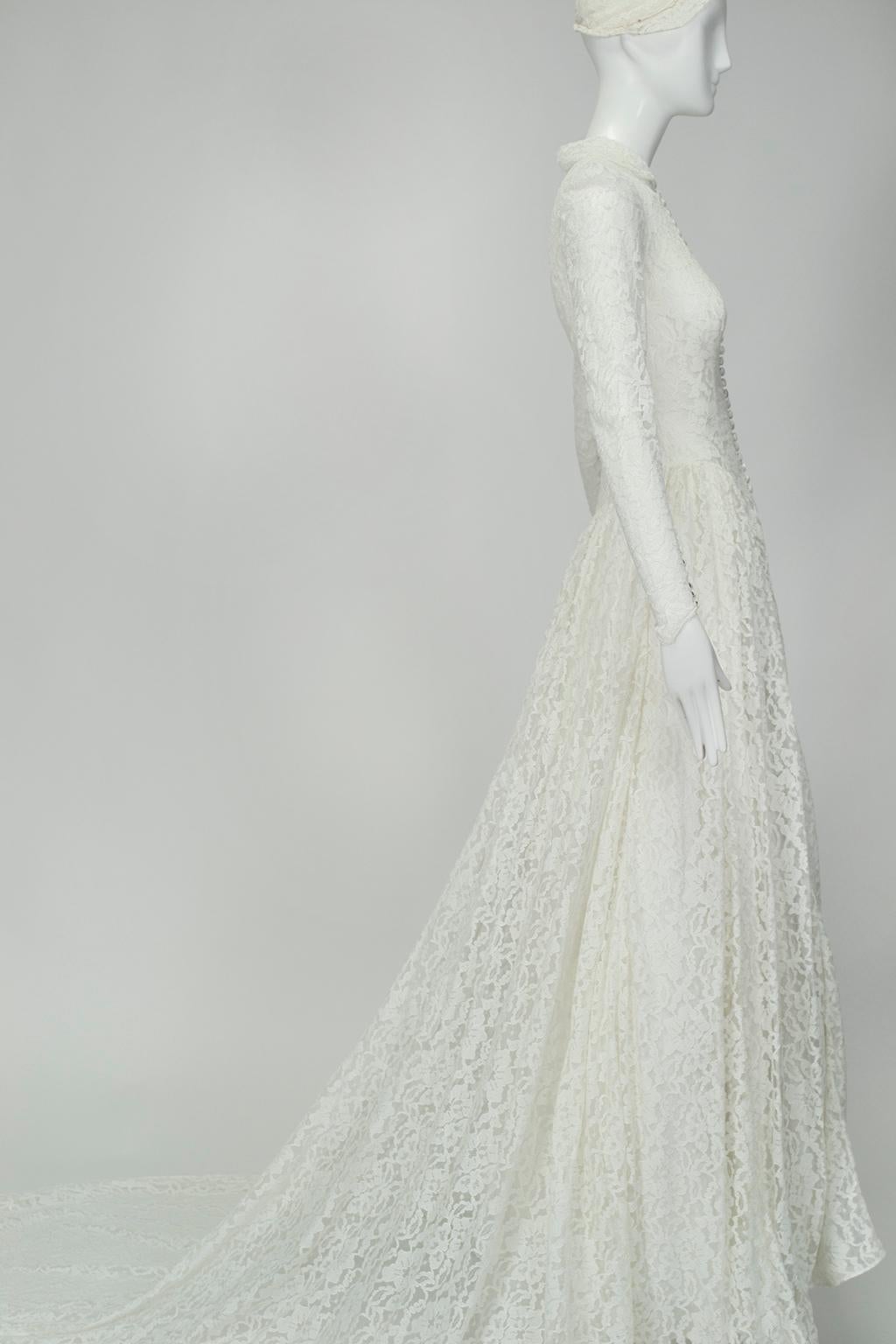 Grace Kelly Inspiriert Elfenbein High-Neck Illusion Hochzeitskleid und Cap - XS, 1951 im Angebot 2