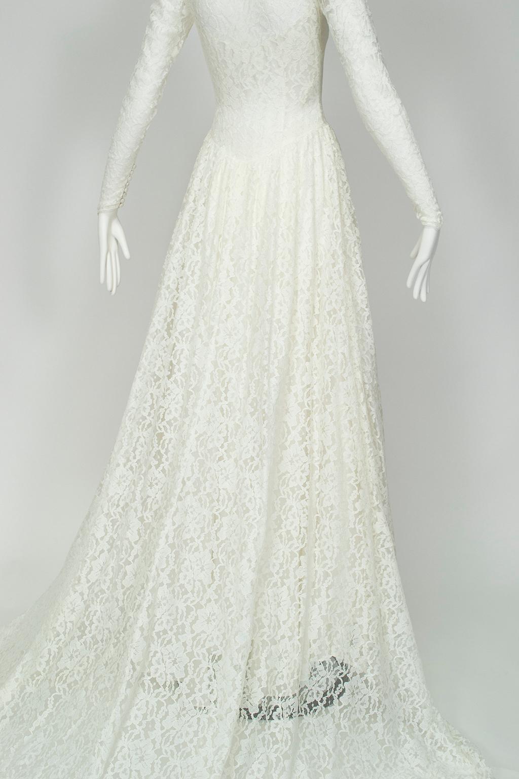 Grace Kelly Inspiriert Elfenbein High-Neck Illusion Hochzeitskleid und Cap - XS, 1951 im Angebot 5