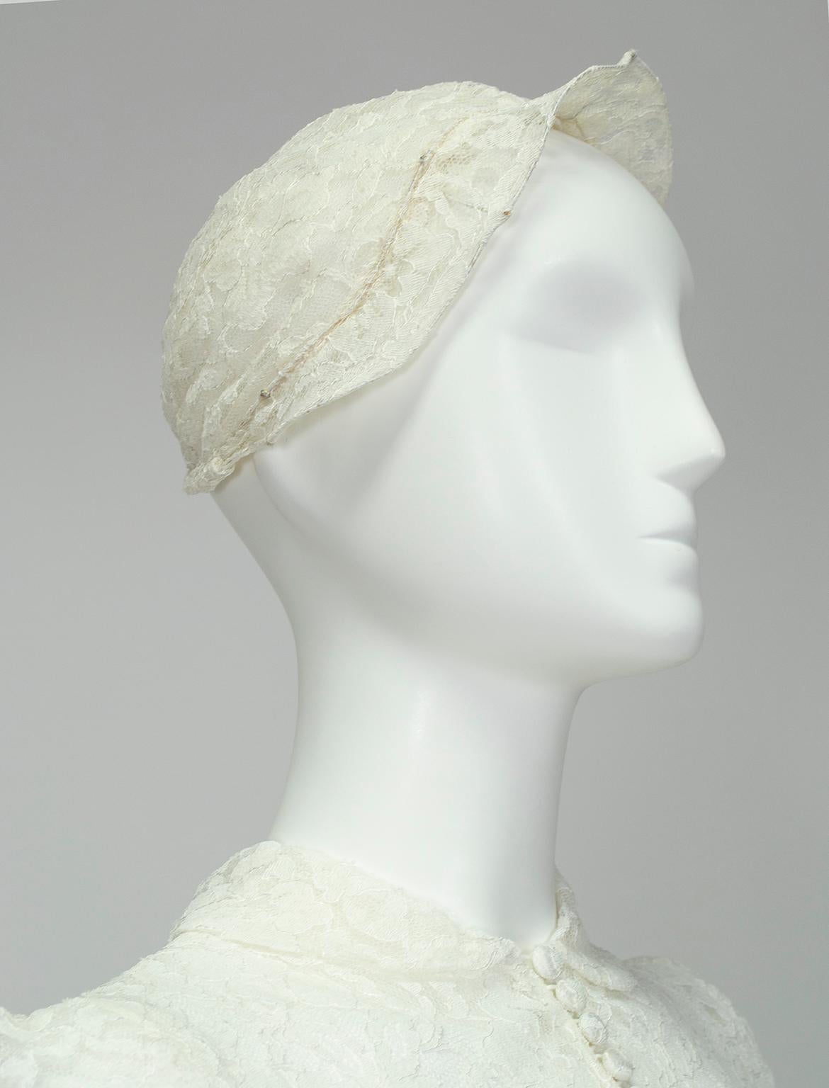 Grace Kelly Inspired Ivory High-Neck Illusion Wedding Gown and Cap – XS, 1951 For Sale 6